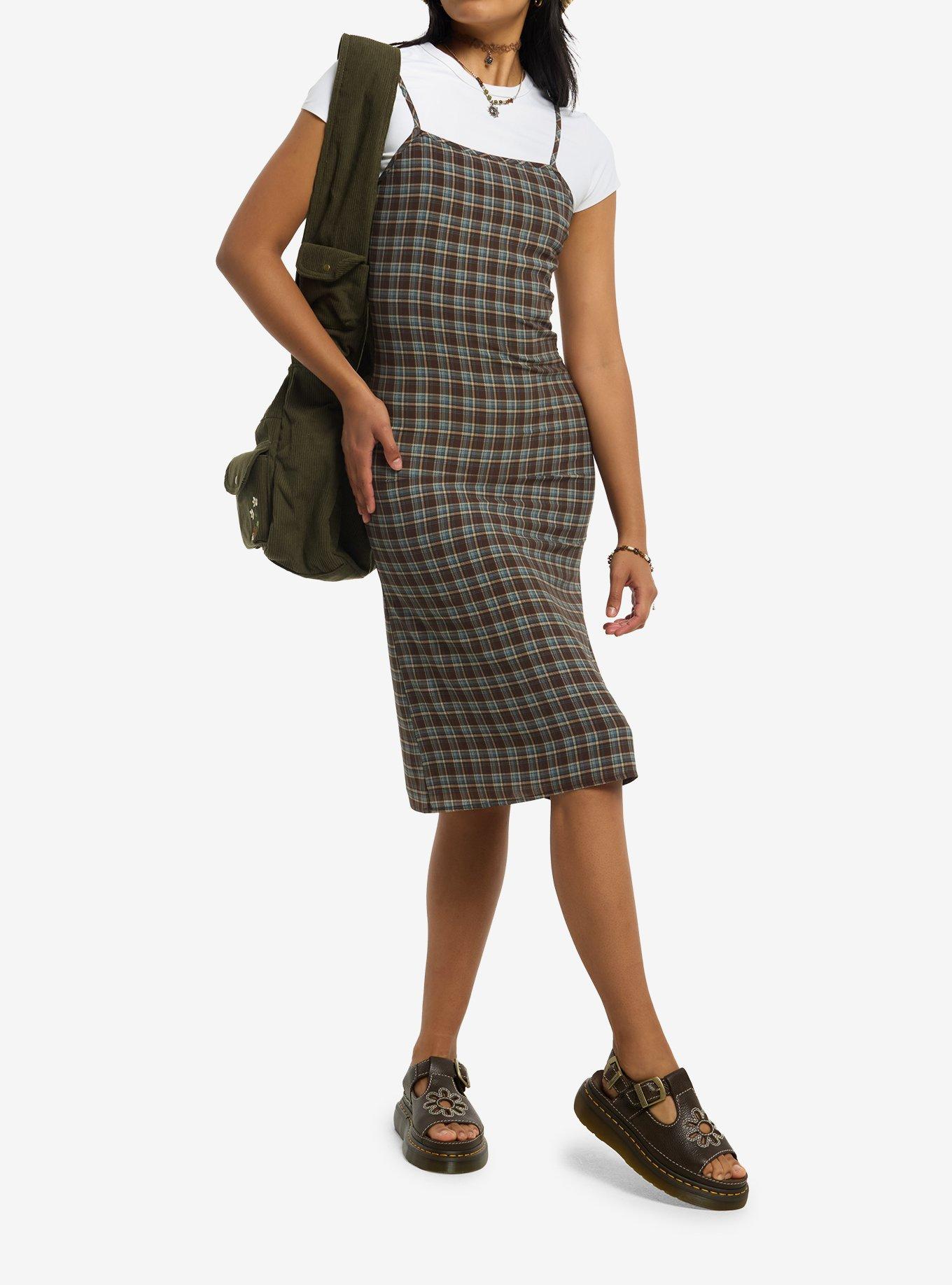 Brown & Blue Plaid Midi Slip Dress, MULTI, alternate