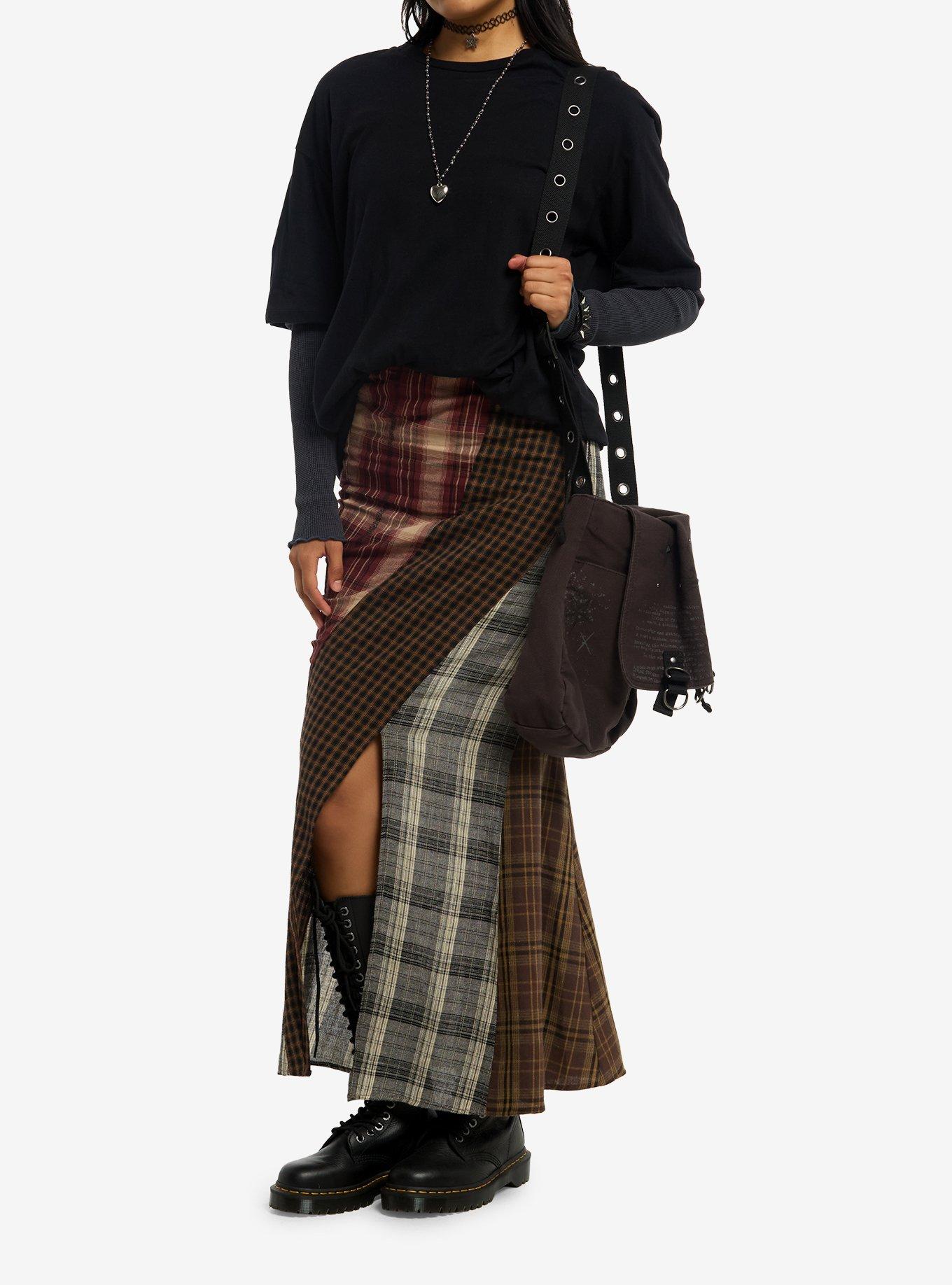 Multi-Plaid Side Slit Maxi Skirt, MULTI, alternate