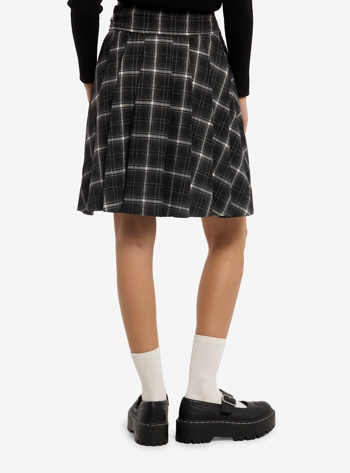 Black & Grey Plaid Pleated Midi Skirt, , hi-res