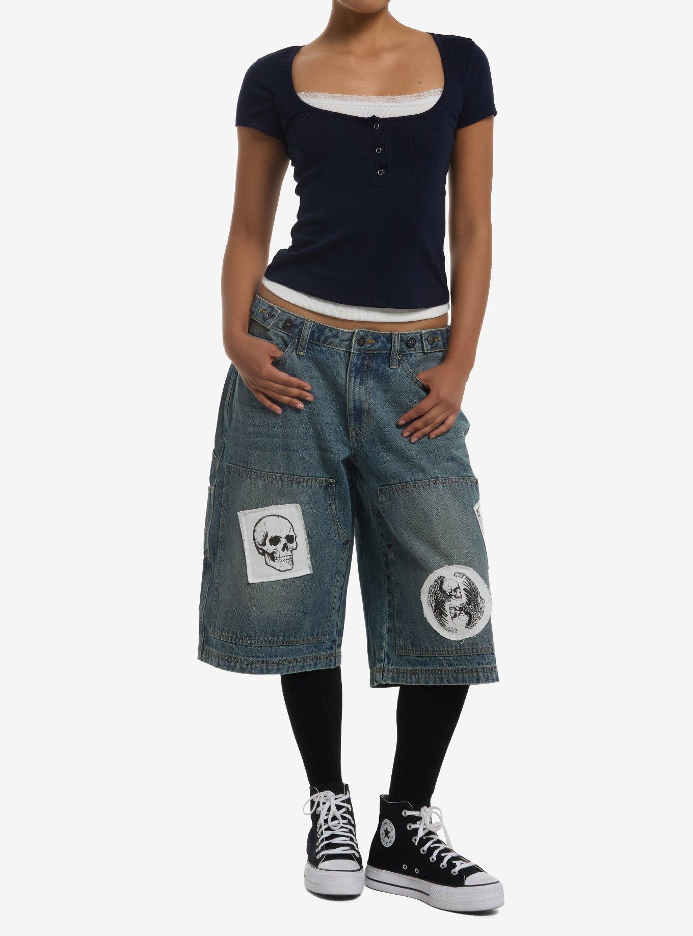 Navy & White Lace Trim Girls Twofer Top, , hi-res