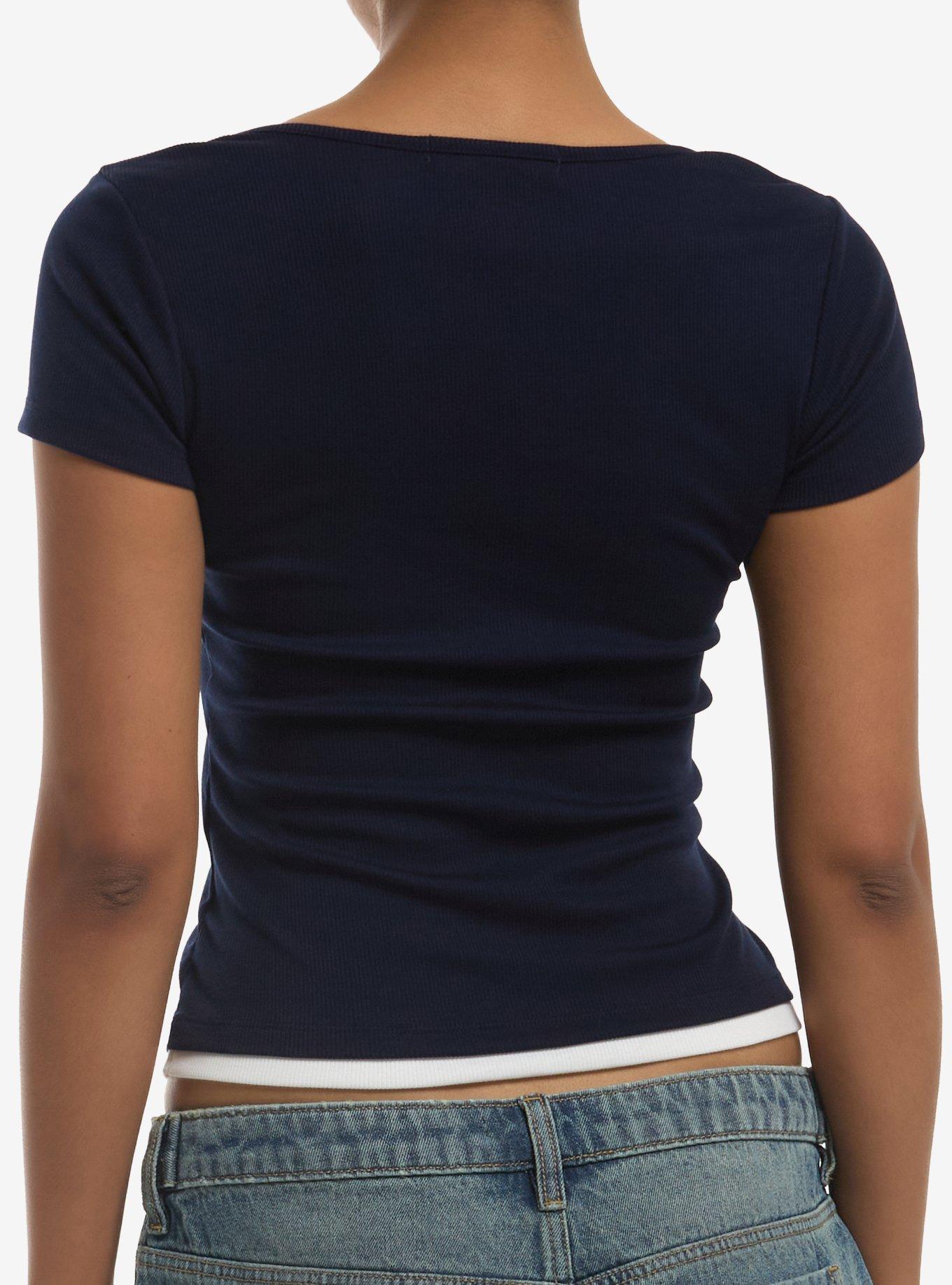 Navy & White Lace Trim Girls Twofer Top, MULTI, alternate