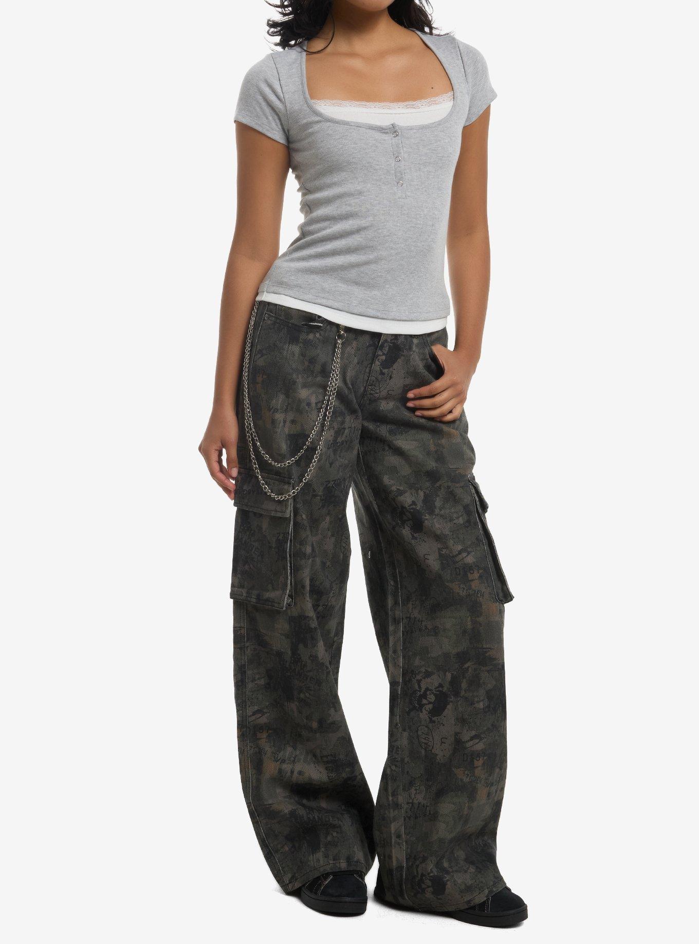 Grey & White Lace Trim Girls Twofer Top, , hi-res