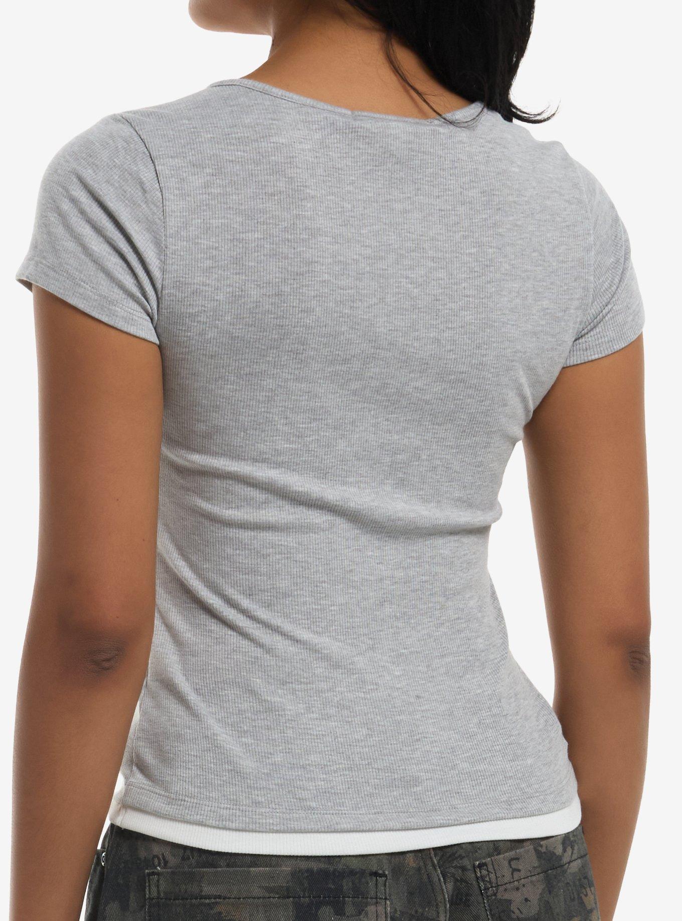 Grey & White Lace Trim Girls Twofer Top, MULTI, alternate