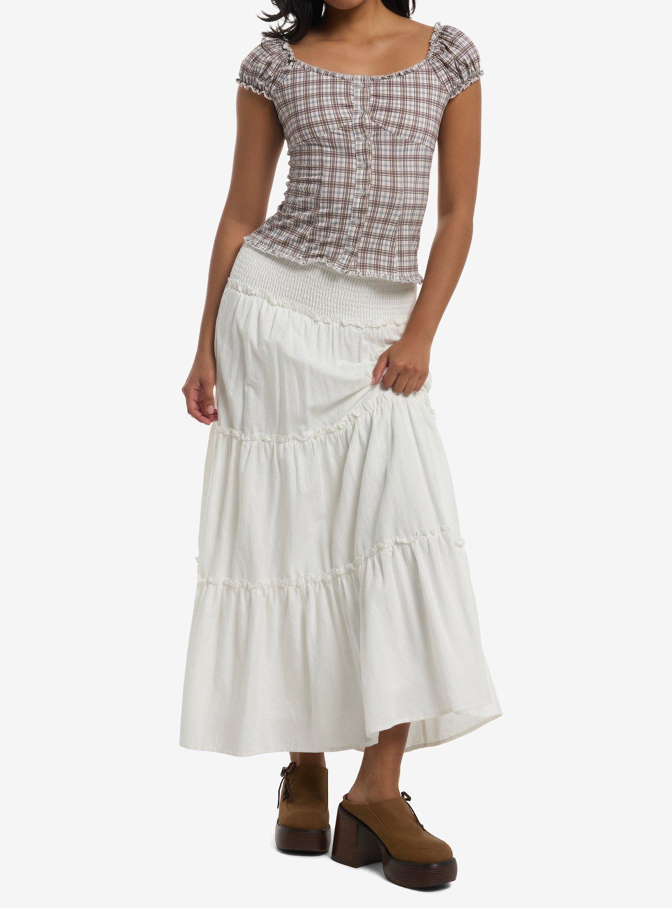 Brown & White Plaid Girls Top, , hi-res