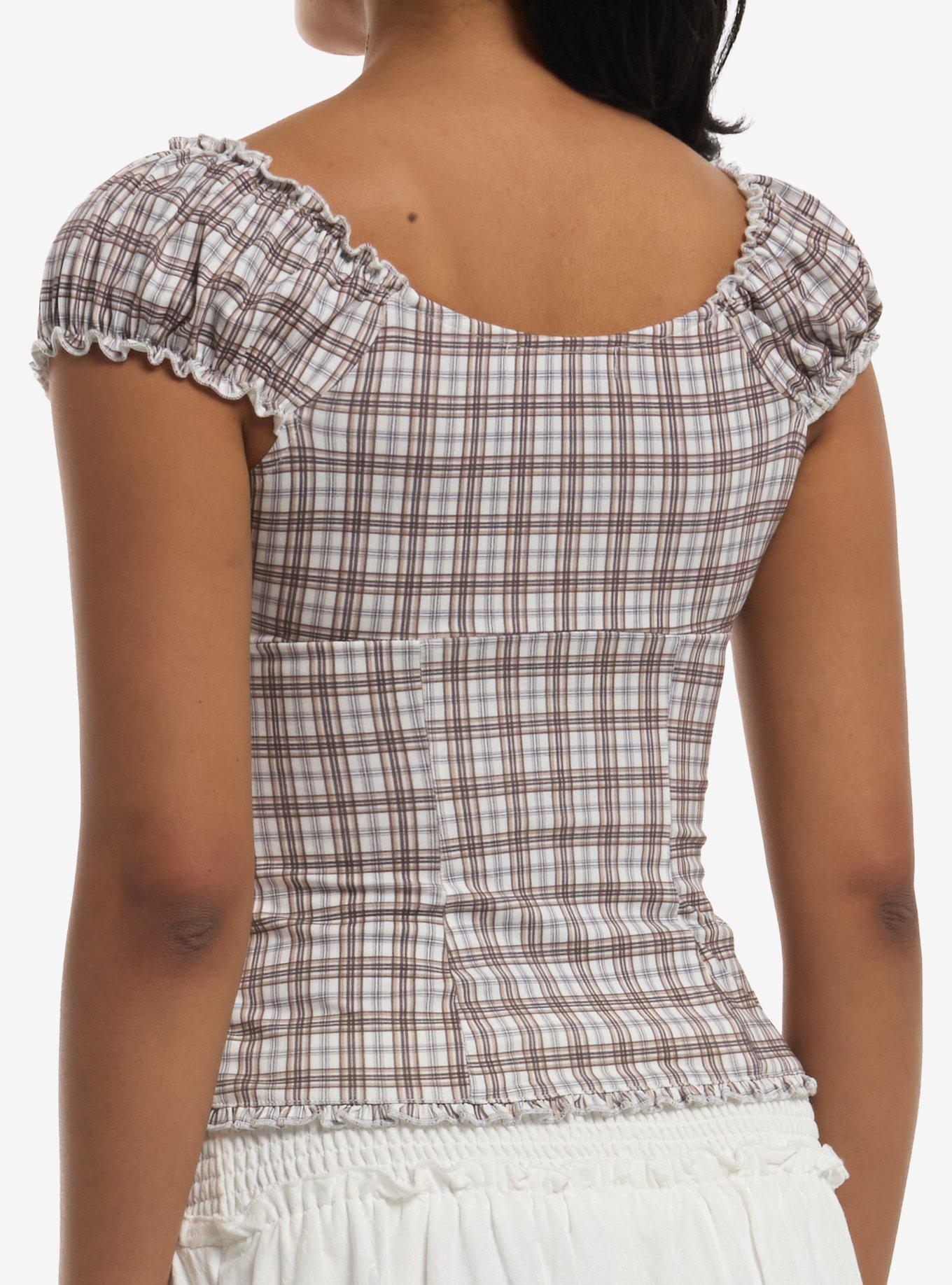 Brown & White Plaid Girls Top, MULTI, alternate