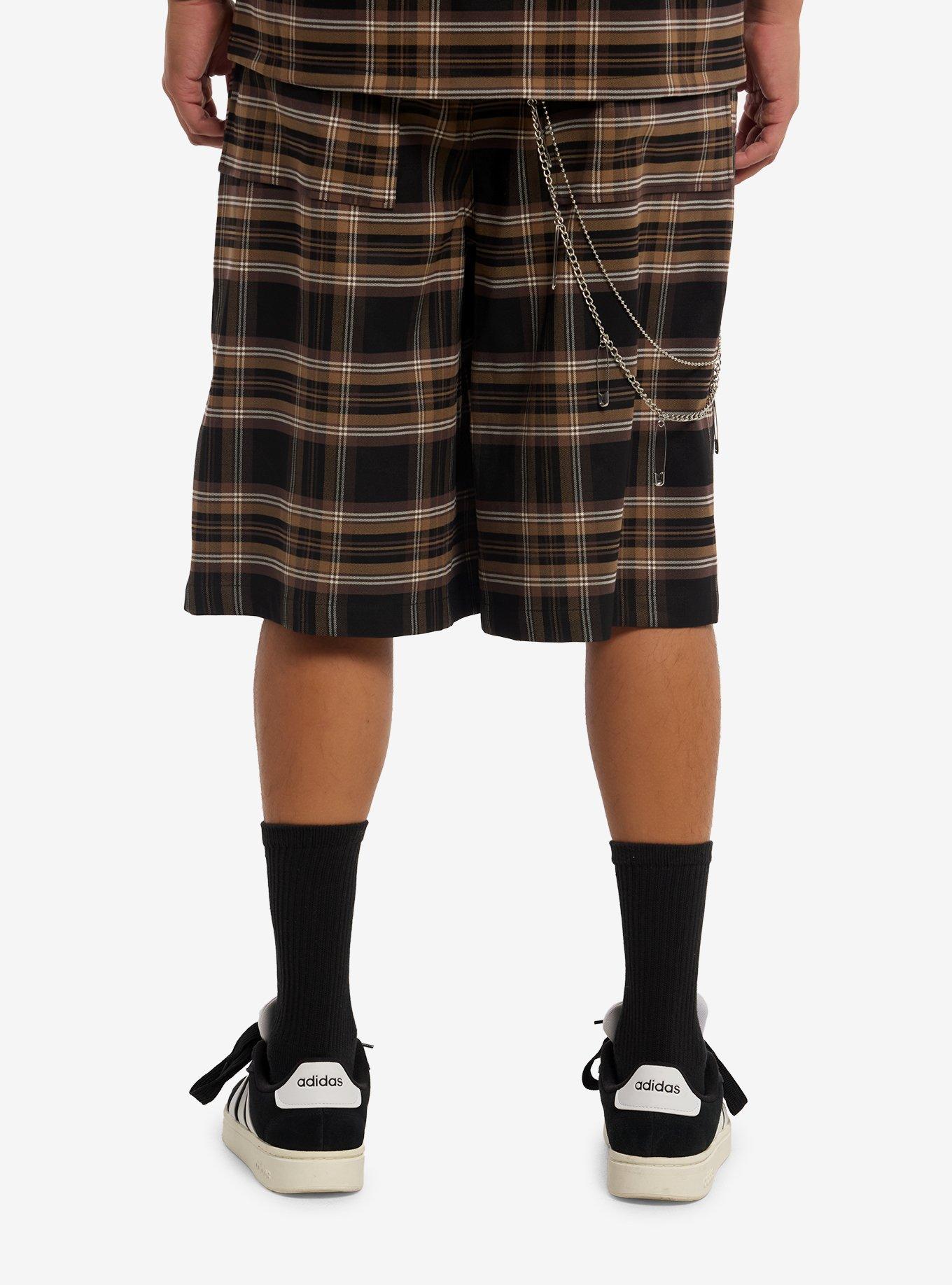 Brown & Black Plaid Shorts With Side Chain, , hi-res