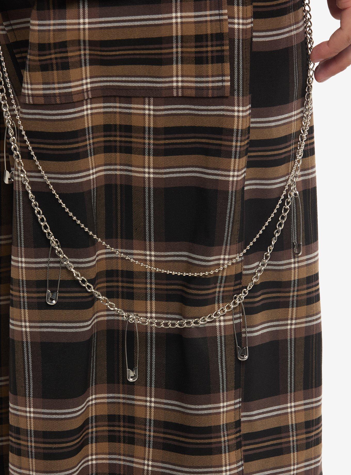 Brown & Black Plaid Shorts With Side Chain, BLACK, alternate