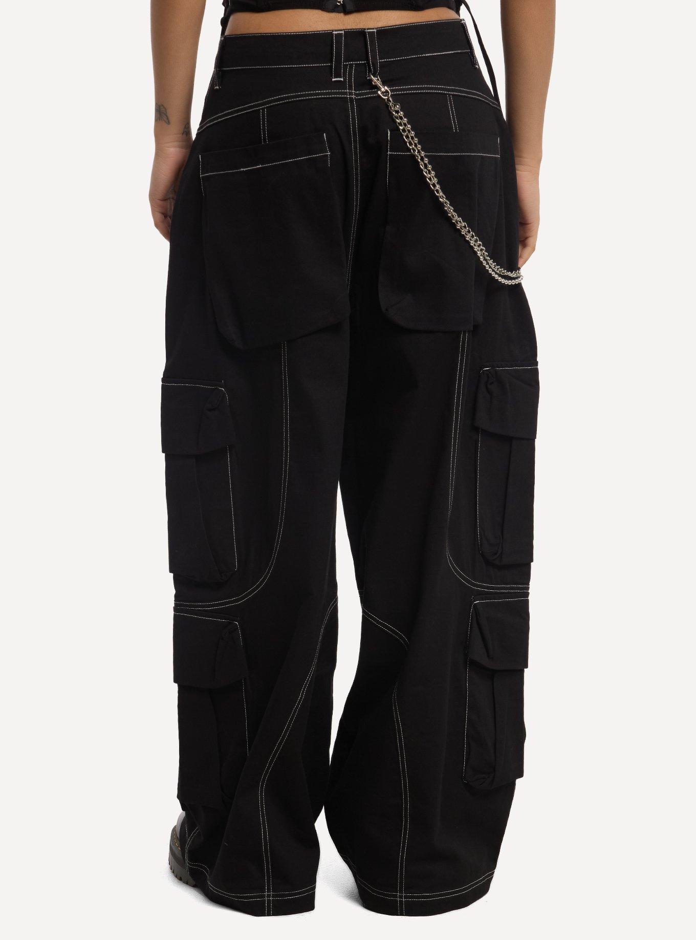 Black & White Contrast Stitch Side Chain Cargo Pants, , hi-res