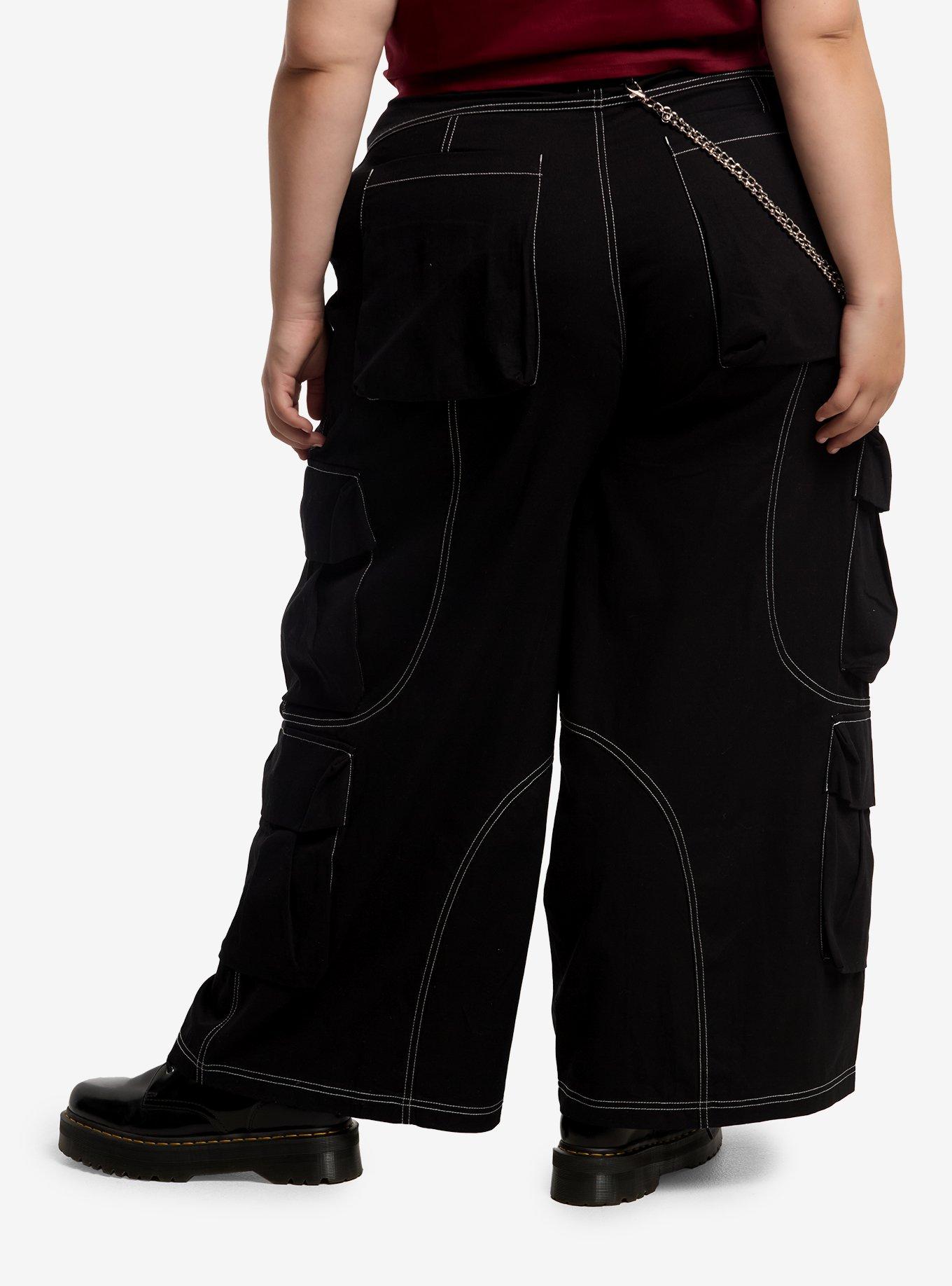 Black & White Contrast Stitch Side Chain Cargo Pants Plus Size, , hi-res