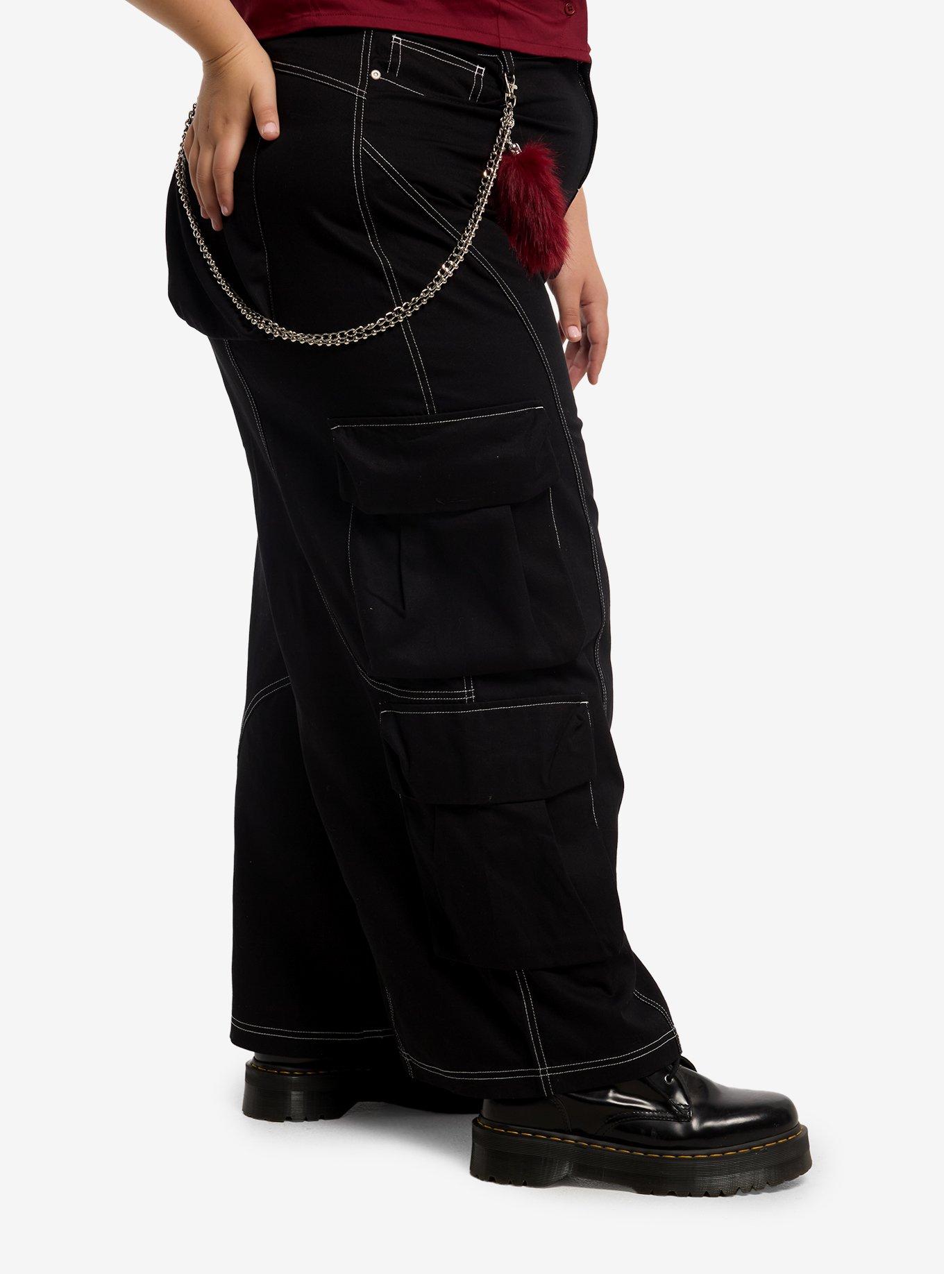 Black & White Contrast Stitch Side Chain Cargo Pants Plus Size, MULTI, alternate - view 3