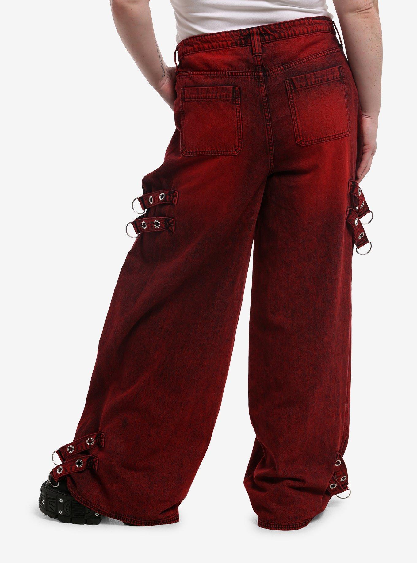 Social Collision Red Grommet Strap Wide Leg Jeans Plus Size, , hi-res