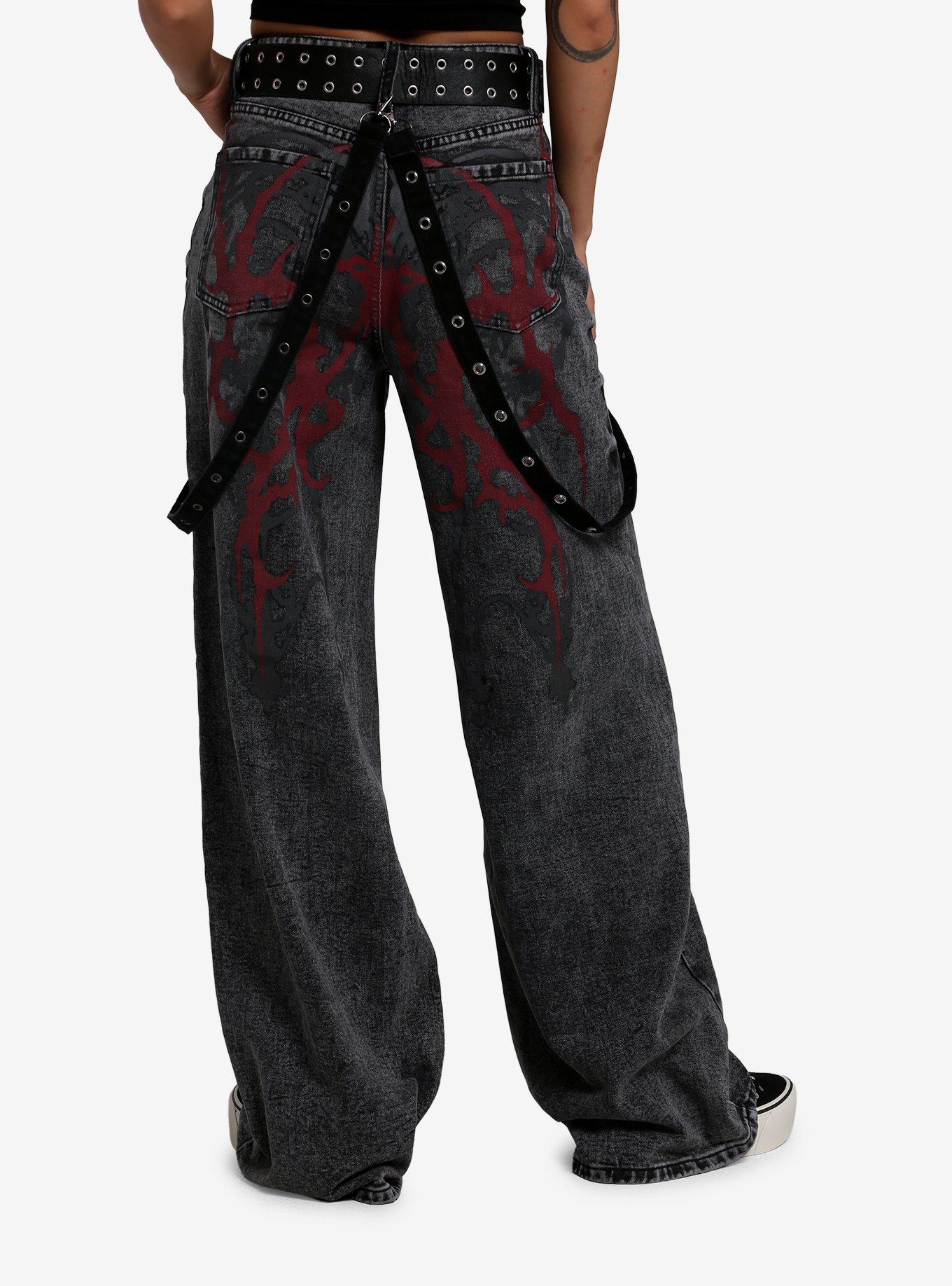 Social Collision Red Cyber Suspender Baggy Jeans With Belt, , hi-res
