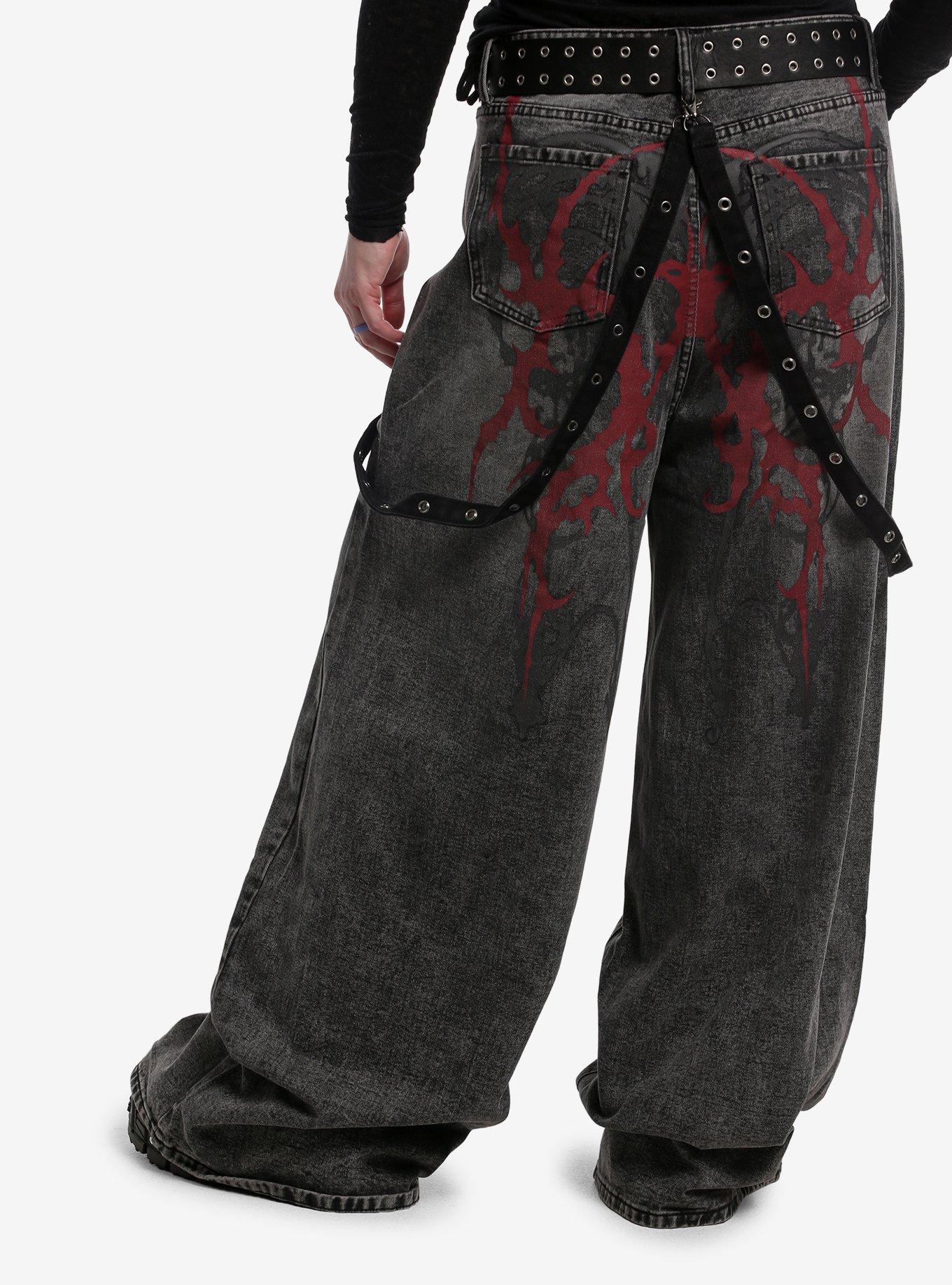 Social Collision Red Cyber Suspender Baggy Jeans With Belt Plus Size, , hi-res