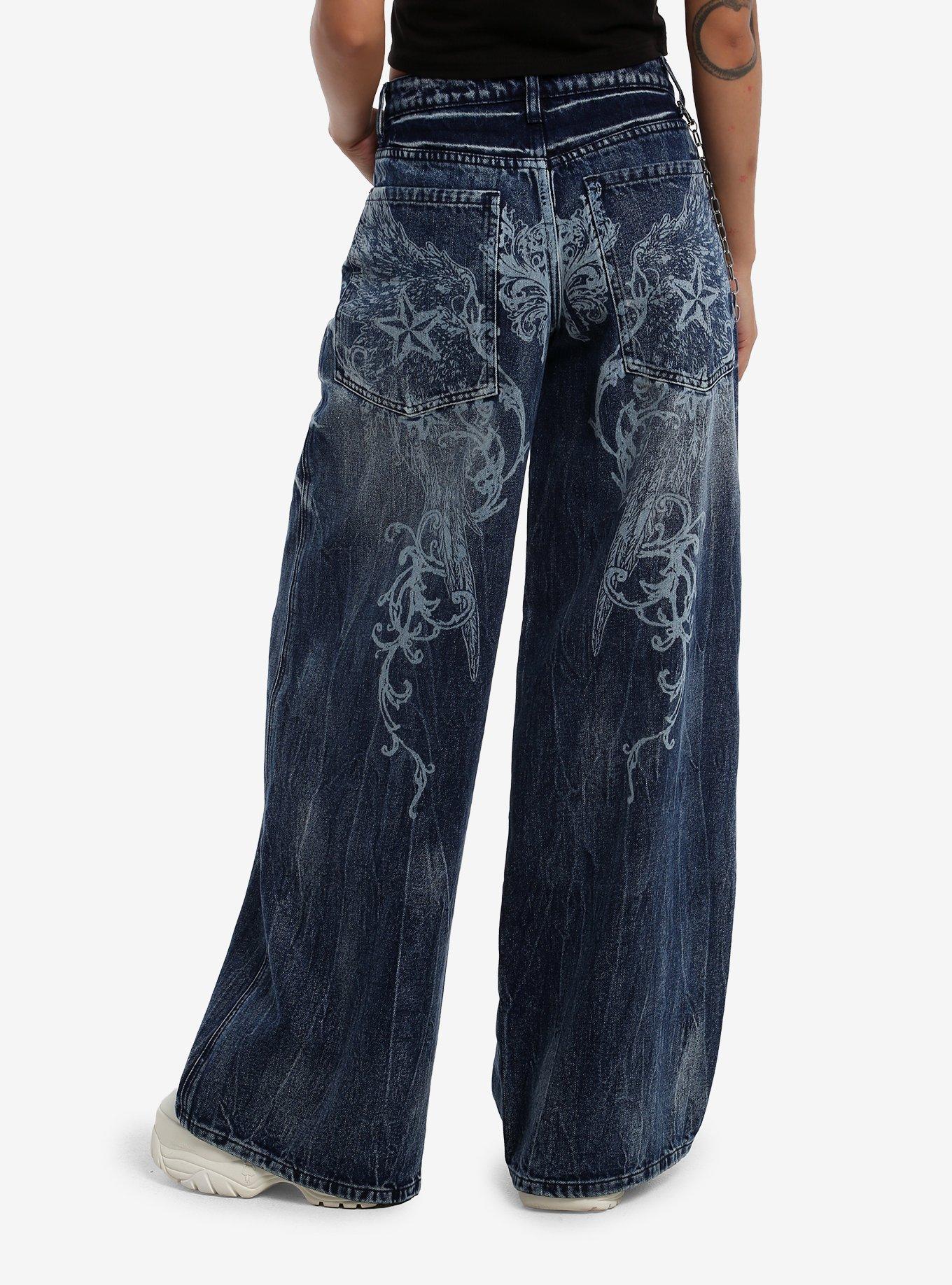 Social Collision Star Filigree Back Print Jeans With Side Chain, , hi-res
