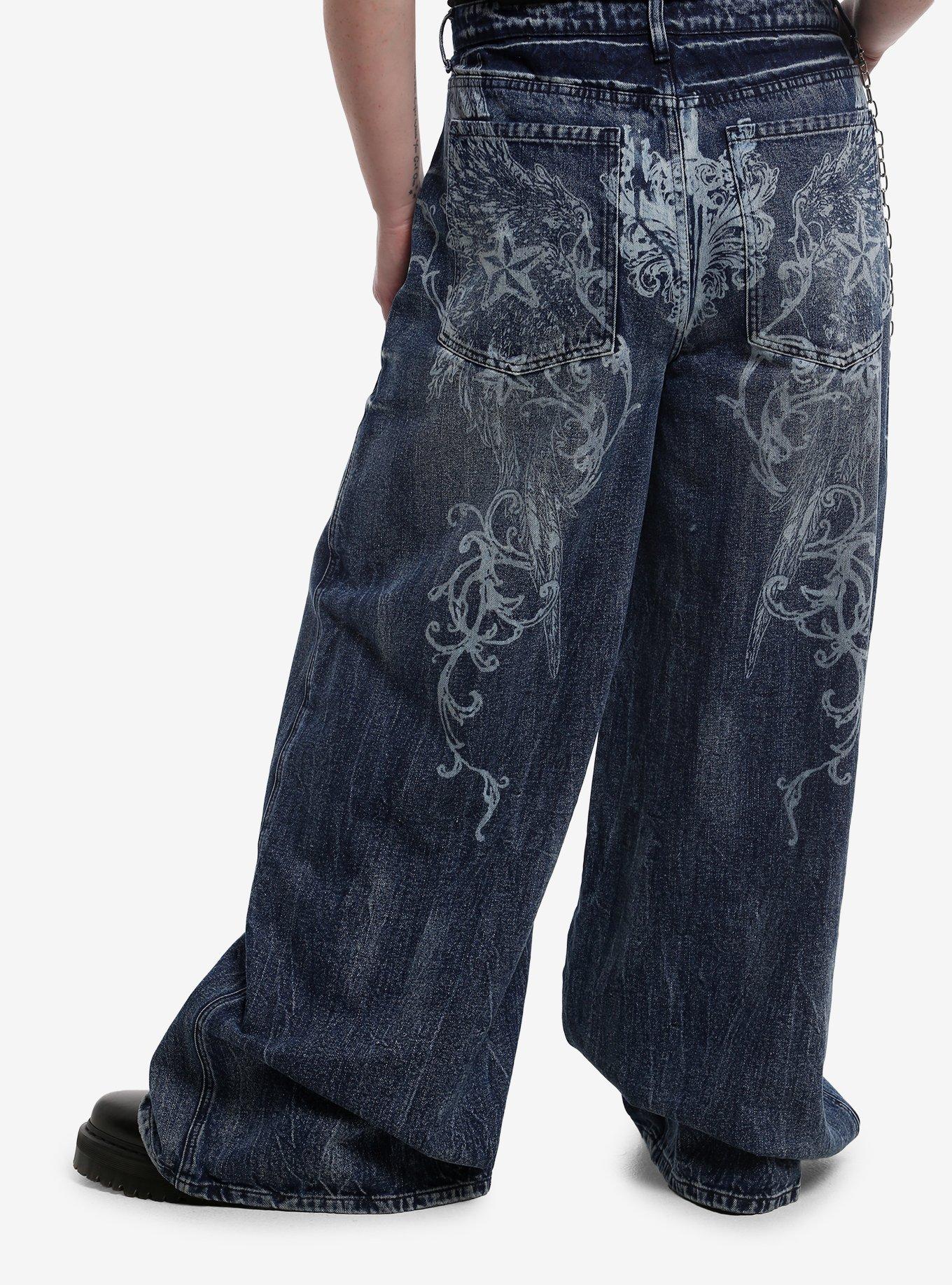 Social Collision Star Filigree Back Print Jeans With Side Chain Plus Size, , hi-res