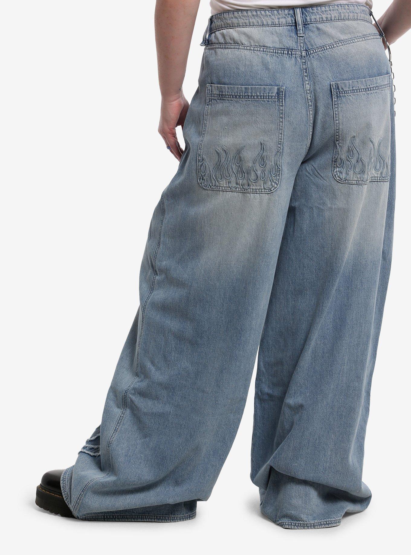 Social Collision Frayed Flame Wide Leg Jeans Plus Size, , hi-res