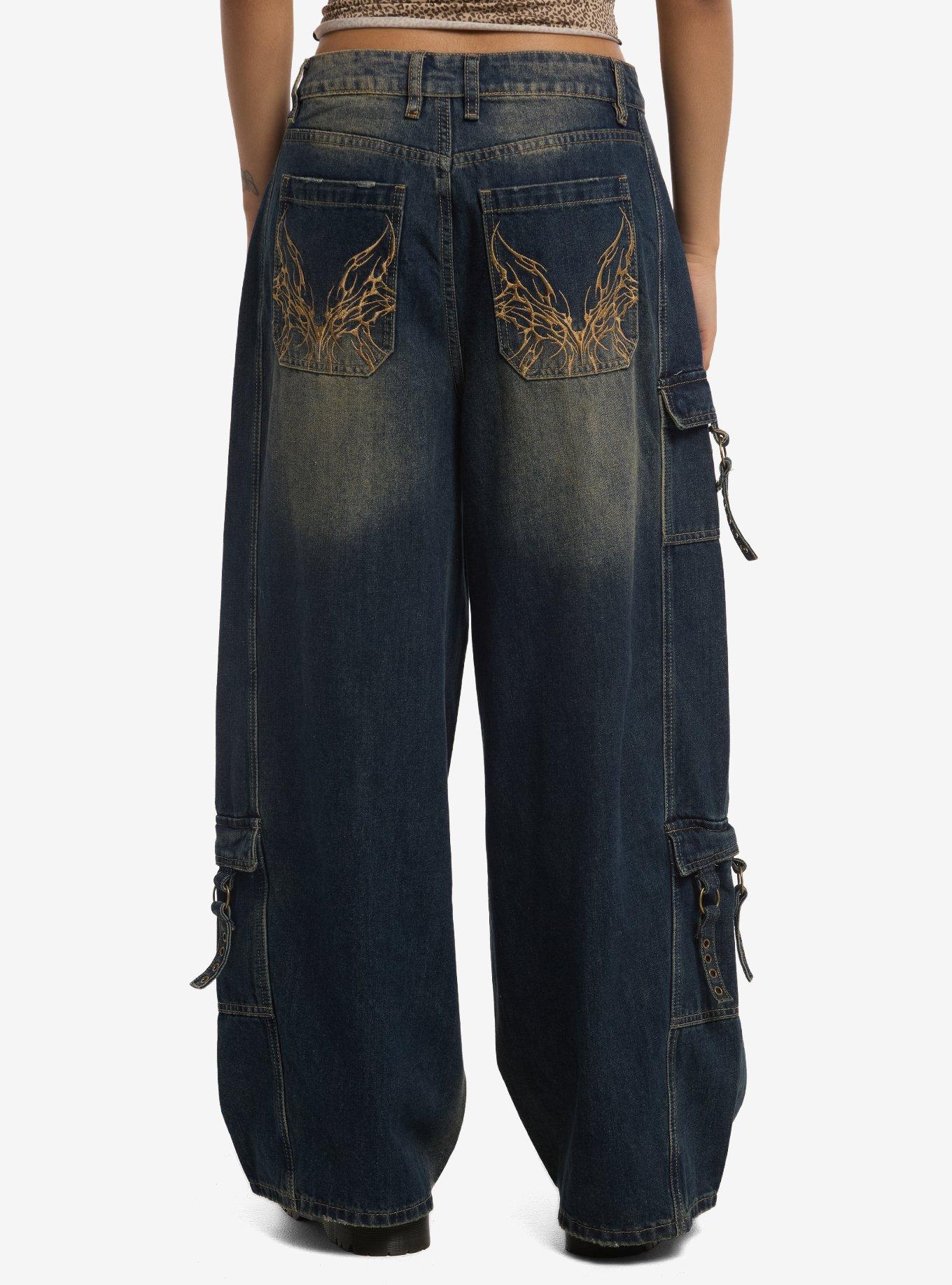 Social Collision Butterfly Stitch Wide Leg Cargo Jeans, , hi-res