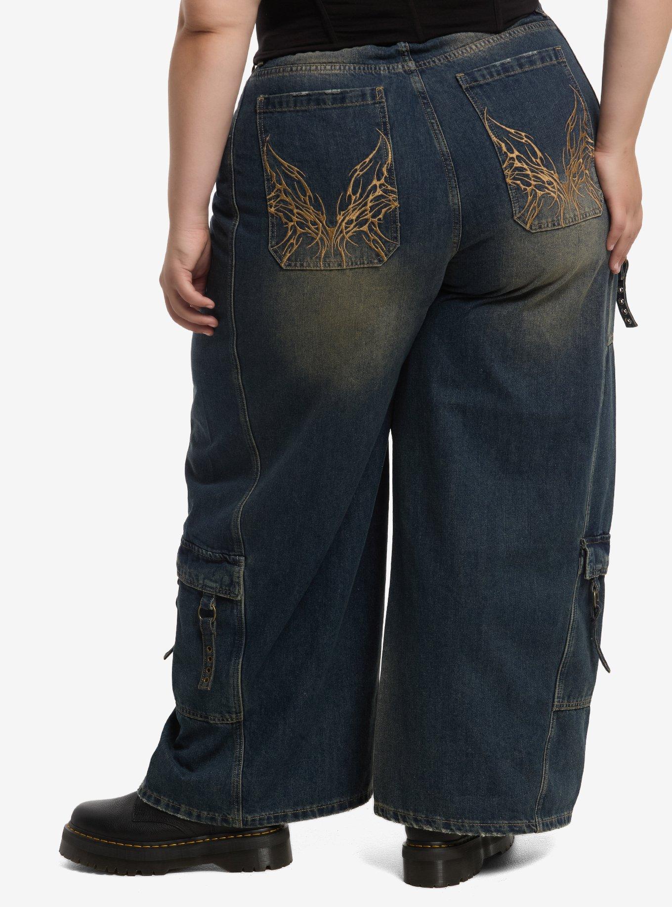 Social Collision Butterfly Stitch Wide Leg Cargo Jeans, , hi-res