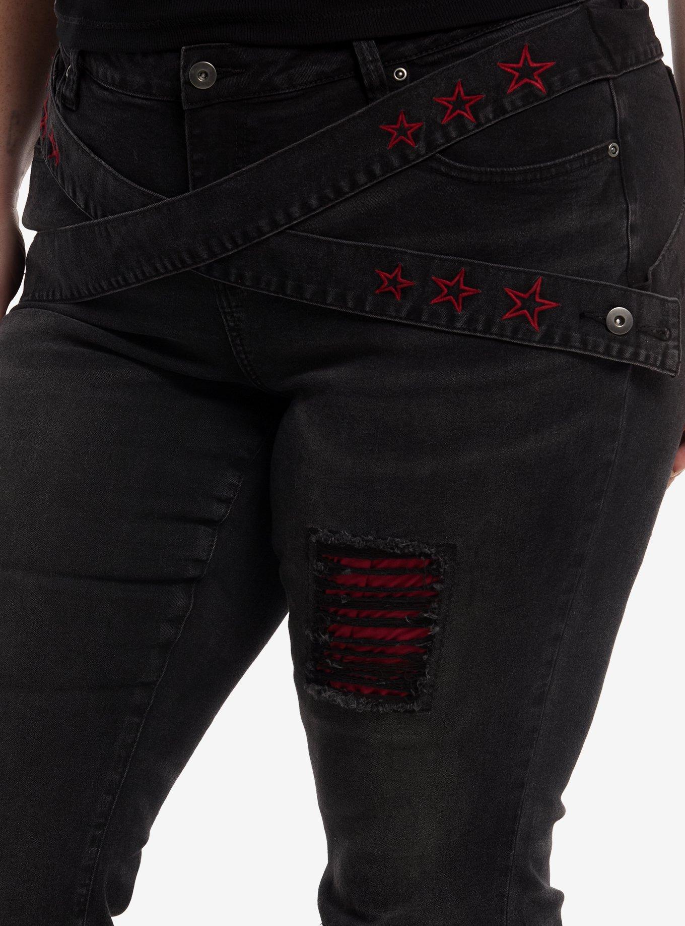 Social Collision Red Star Strappy Distressed Jeans Plus Size, MULTI, alternate - view 3