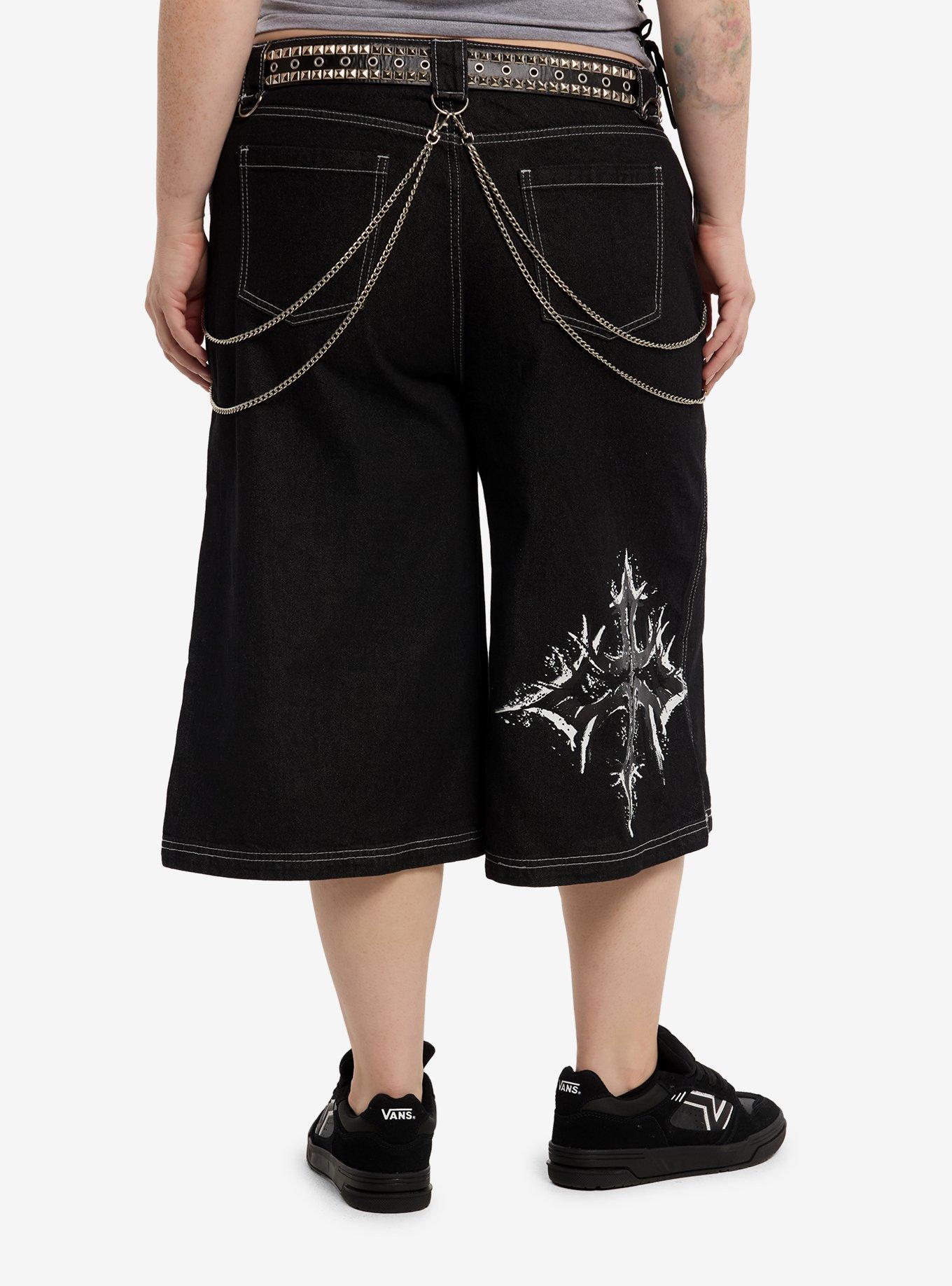 Social Collision Sigil Double Chain Belted Jorts Plus Size, , hi-res