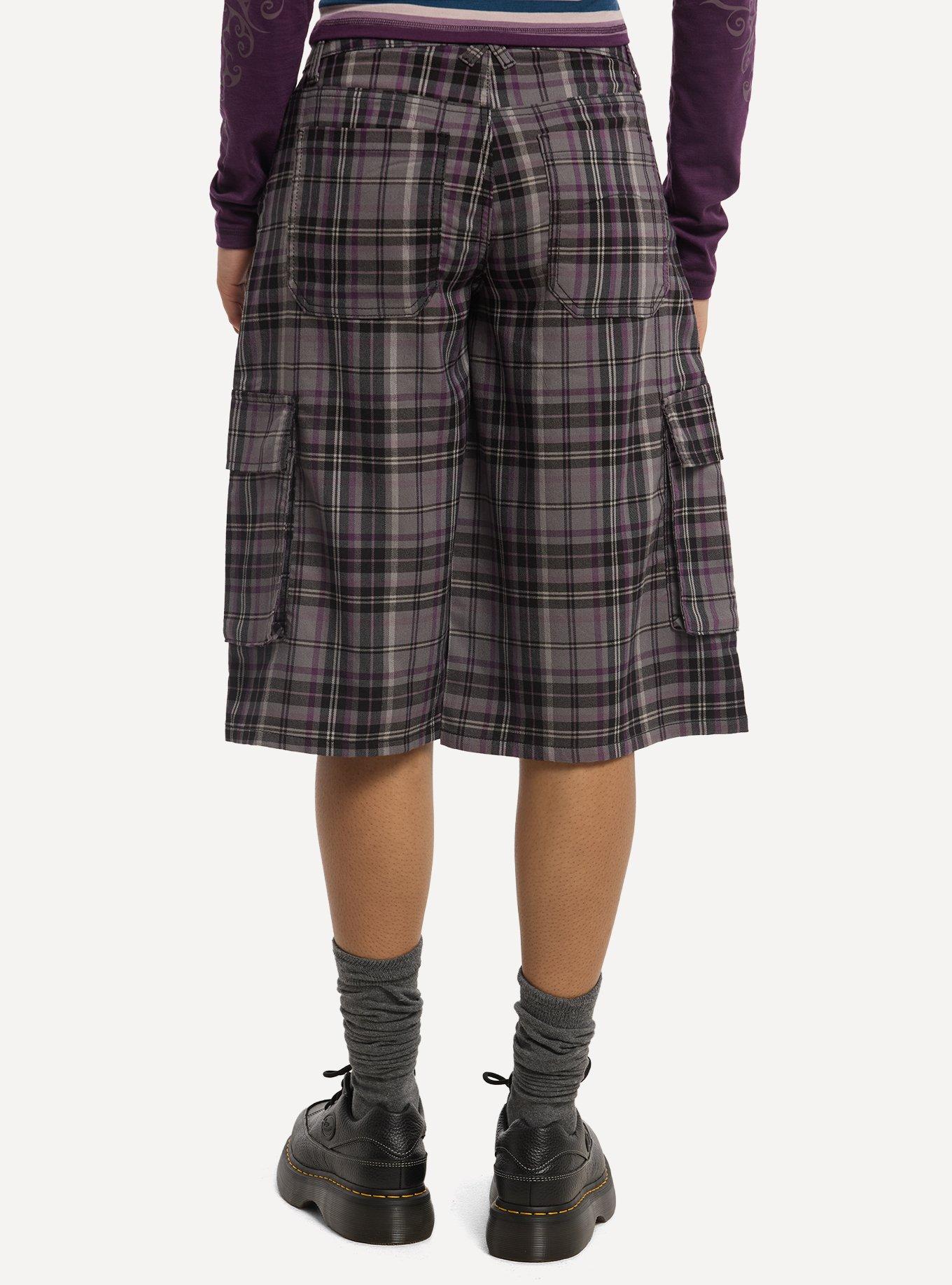 Thorn & Fable Grey & Purple Plaid Cargo Shorts, , hi-res