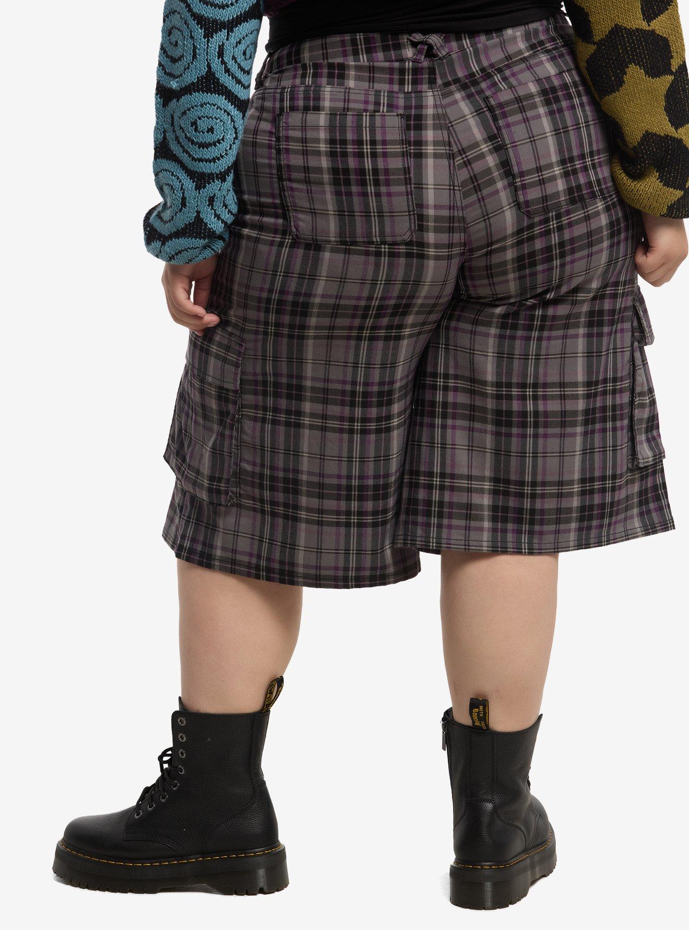 Thorn & Fable Grey & Purple Plaid Cargo Shorts Plus Size, , hi-res
