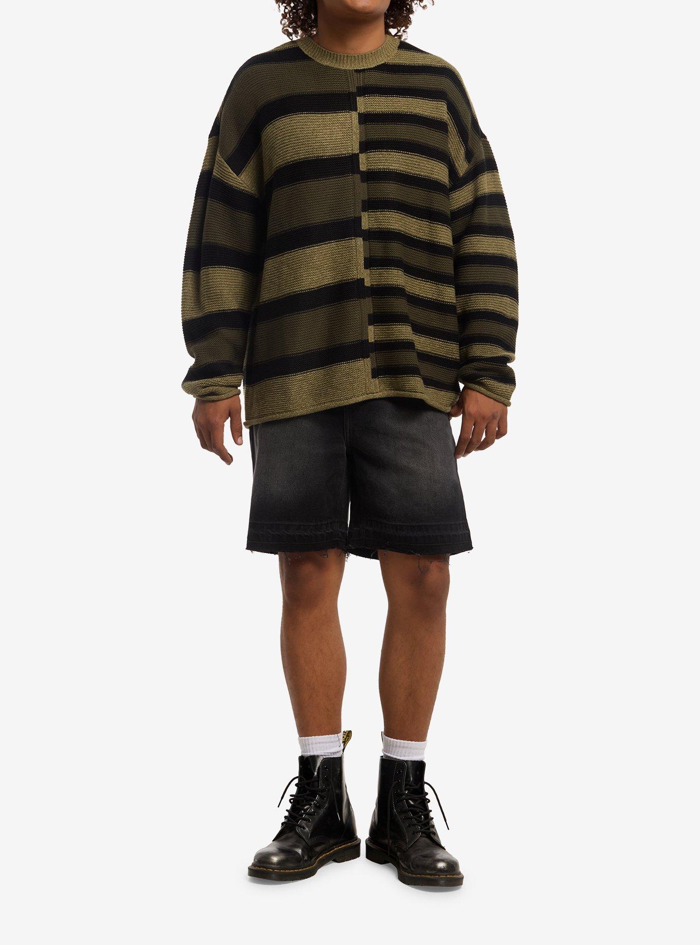 Olive & Black Split Stripe Sweater, , hi-res