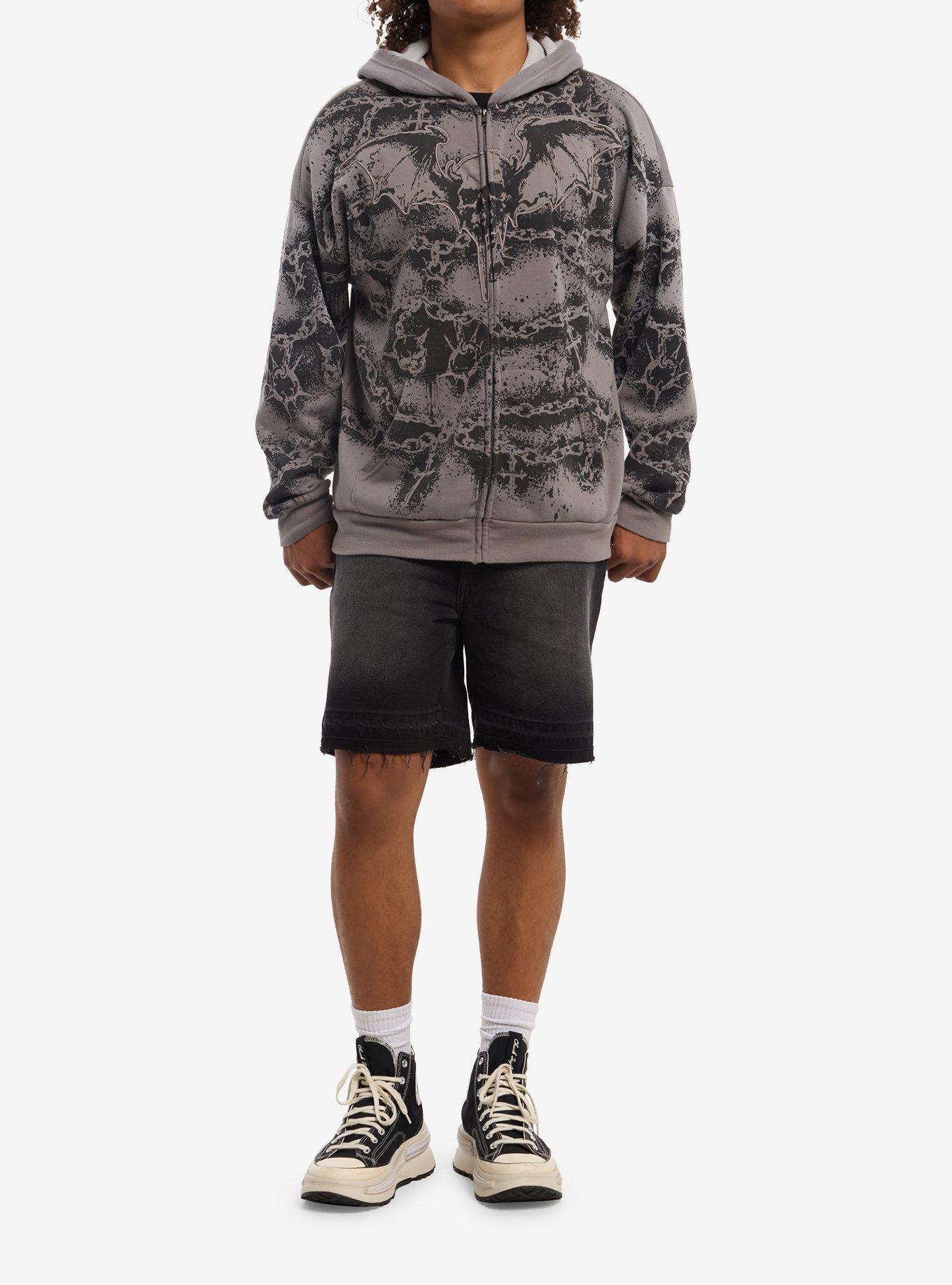 Skull Bat Wing Hoodie, GREY, alternate - view 3