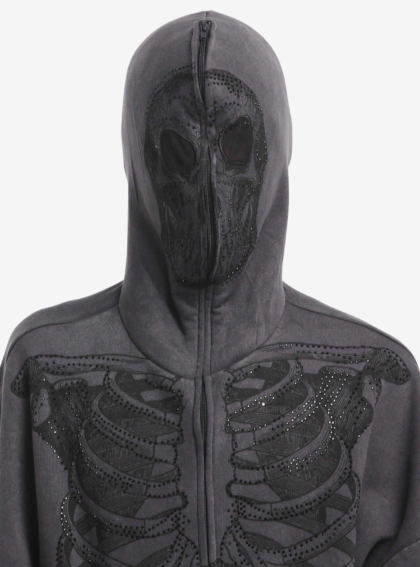 Skeleton Rib Cage Rhinestone Hoodie, GREY, alternate - view 4