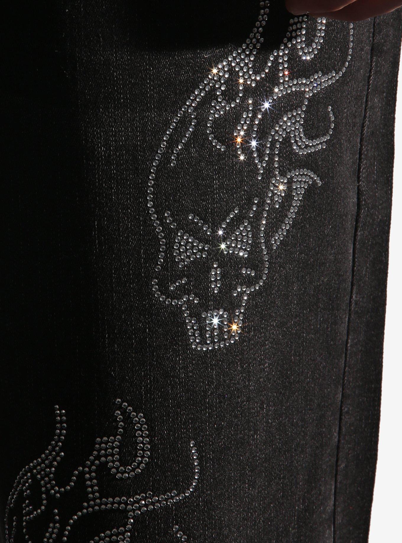 Flaming Skull Rhinestone Jorts, BLACK, alternate - view 3