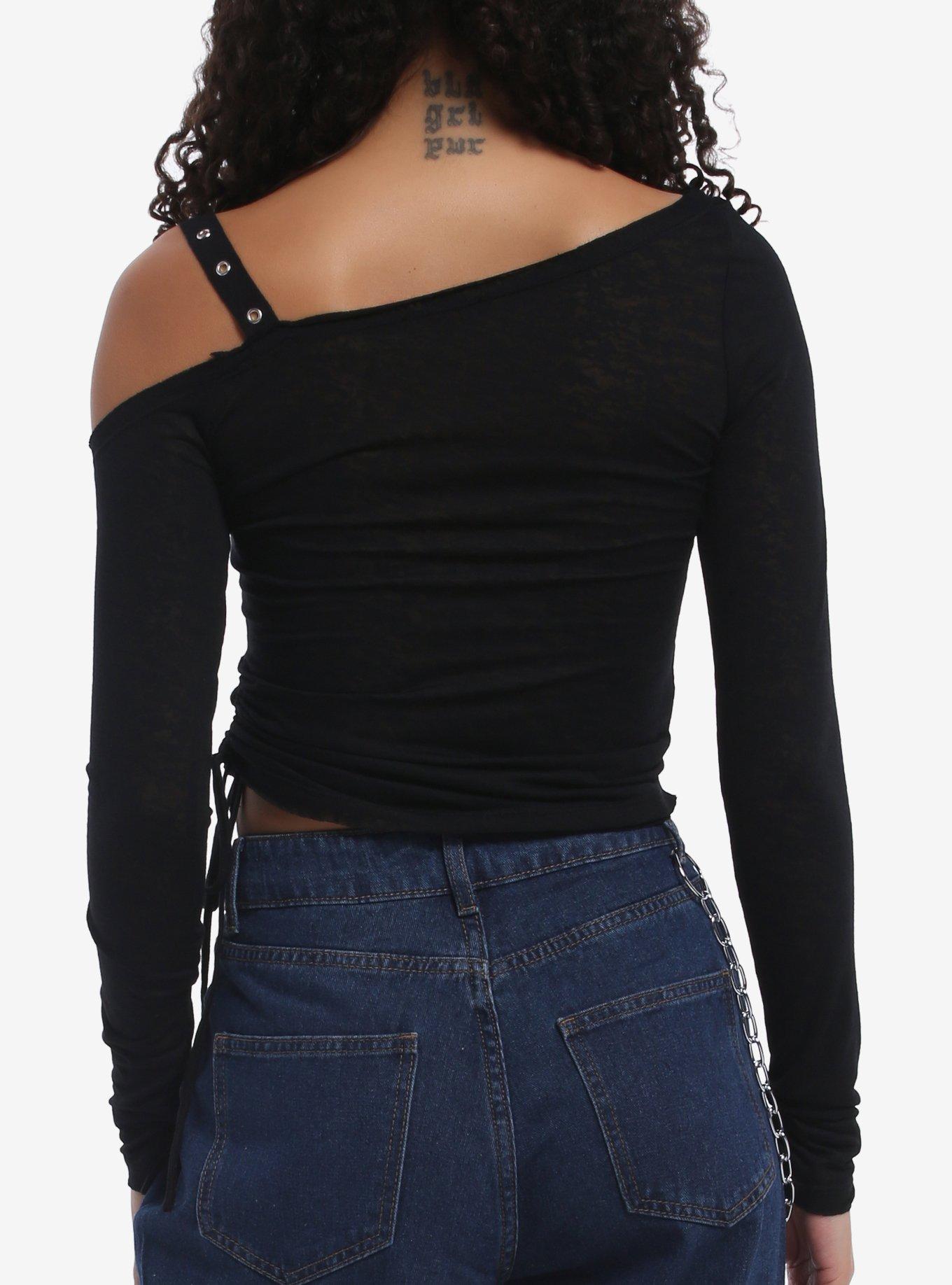 Black Grommet Strap Girls Off-Shoulder Long-Sleeve Top, MULTI, alternate - view 3