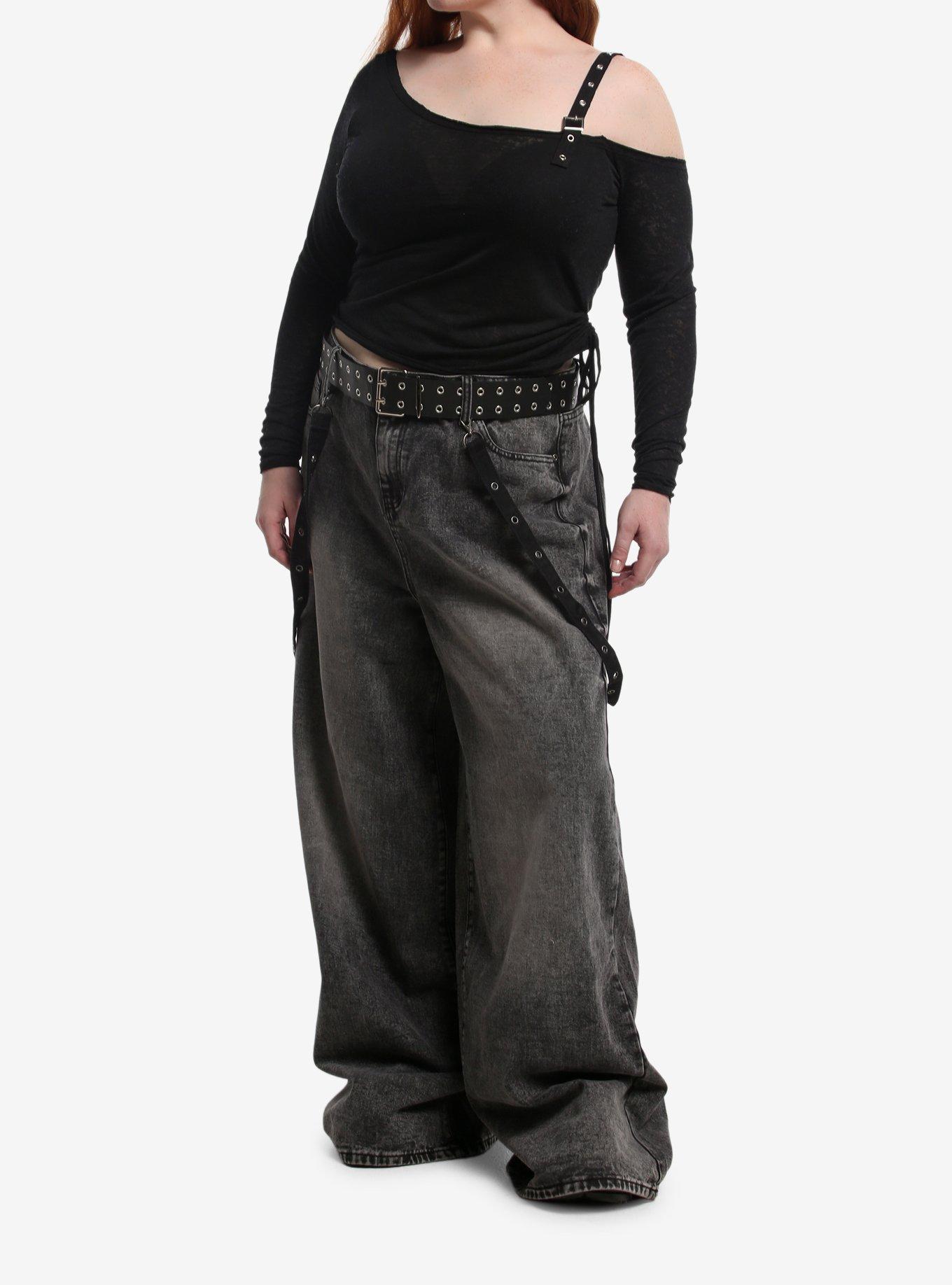 Black Grommet Strap Girls Off-Shoulder Long-Sleeve Top Plus Size, , hi-res