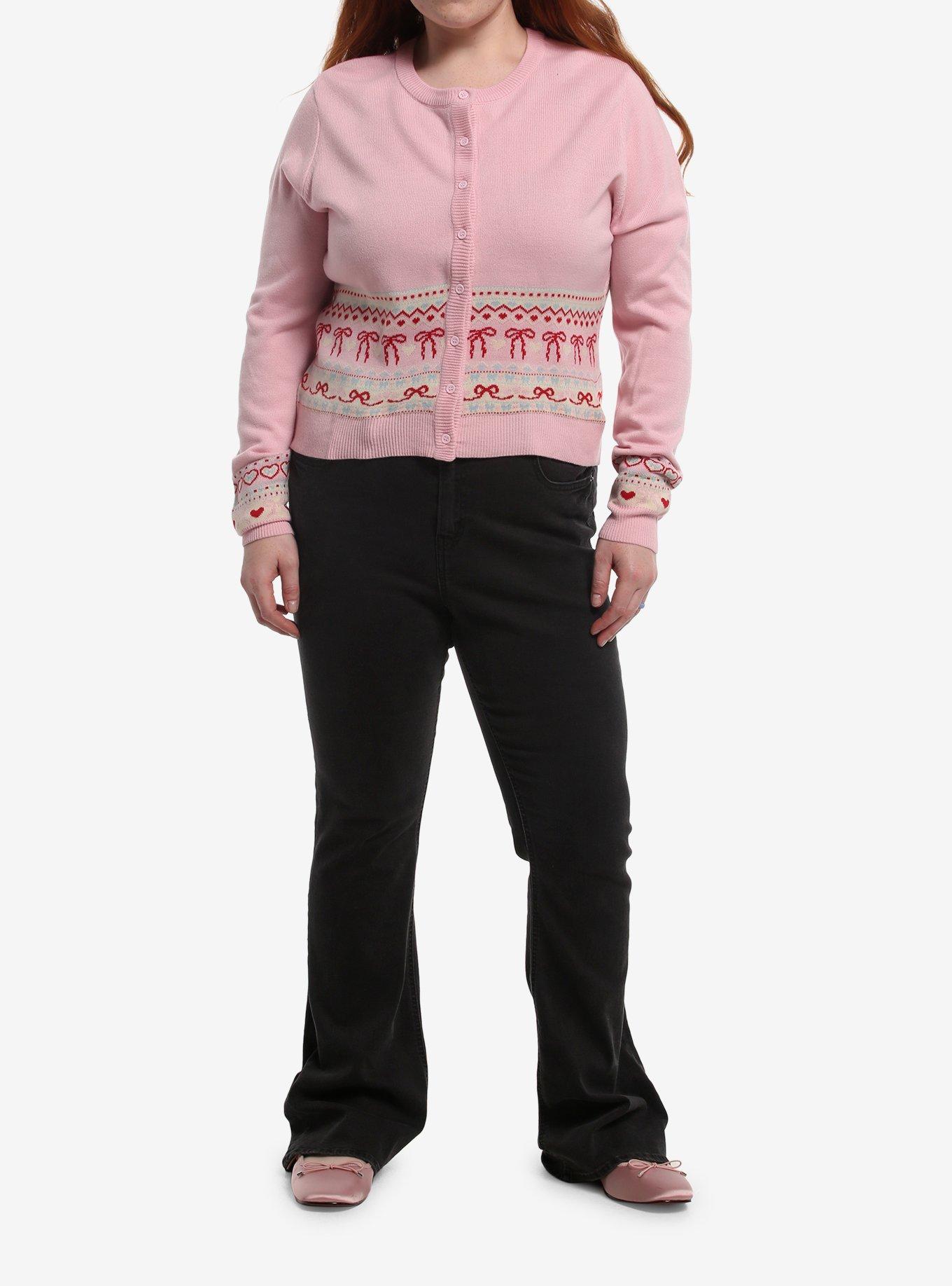 Sweet Society Pink Bow Fair Isle Girls Cardigan Plus Size, , hi-res