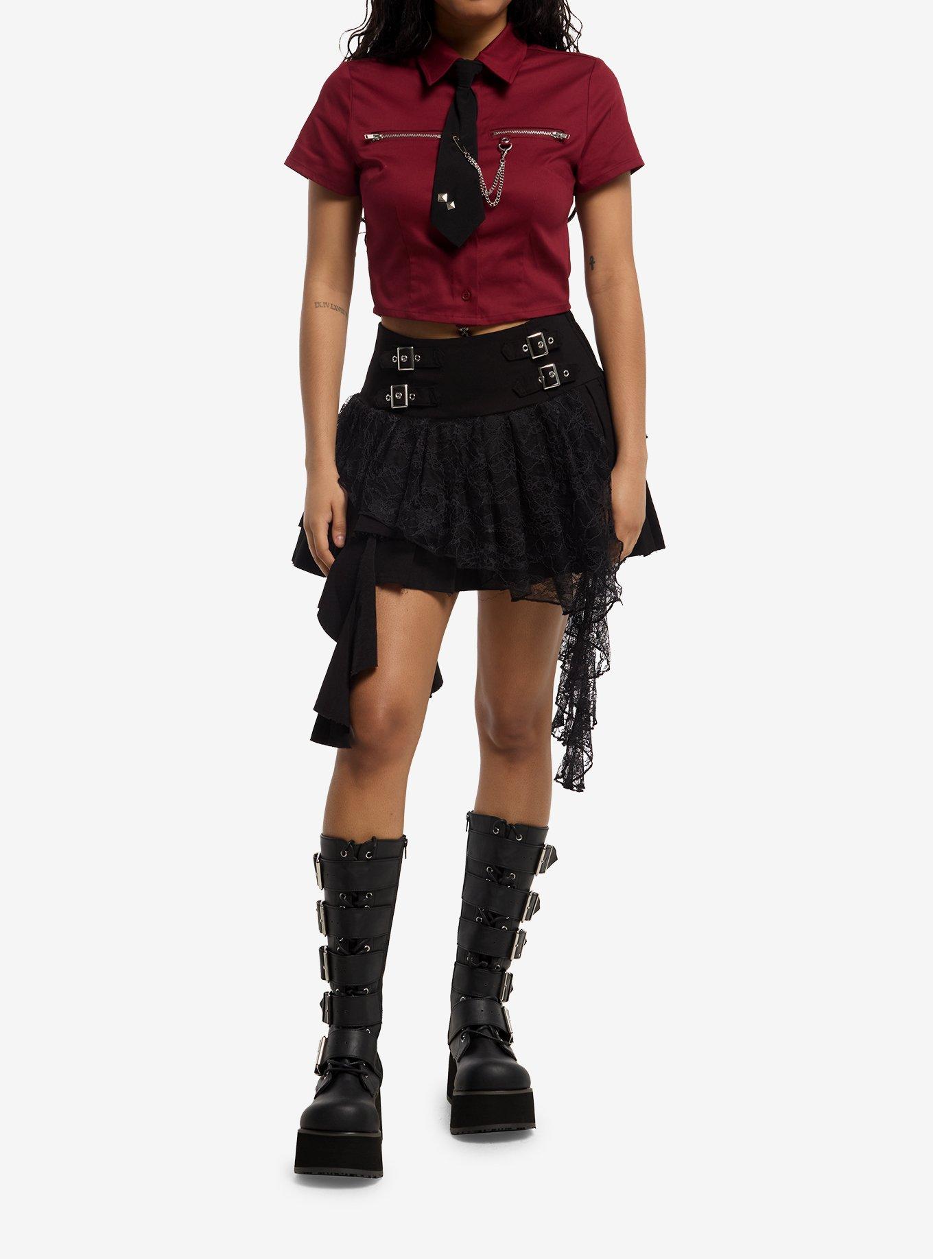 Social Collision Burgundy Crop Girls Woven Button-Up With Tie, , hi-res