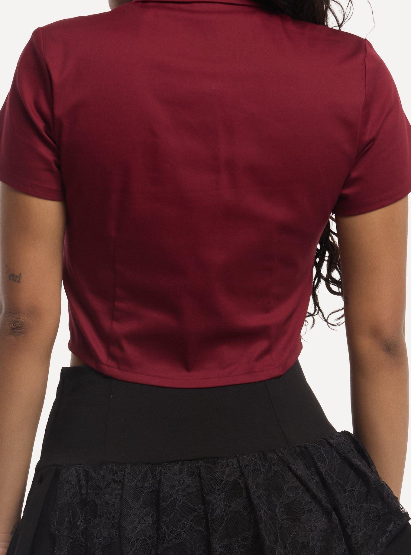 Social Collision Burgundy Crop Girls Woven Button-Up With Tie, MULTI, alternate - view 3