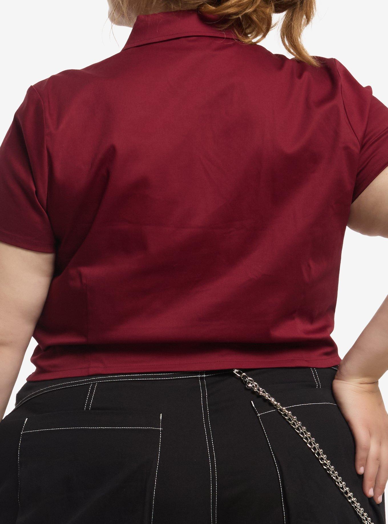Social Collision Burgundy Crop Girls Woven Button-Up With Tie Plus Size, , hi-res