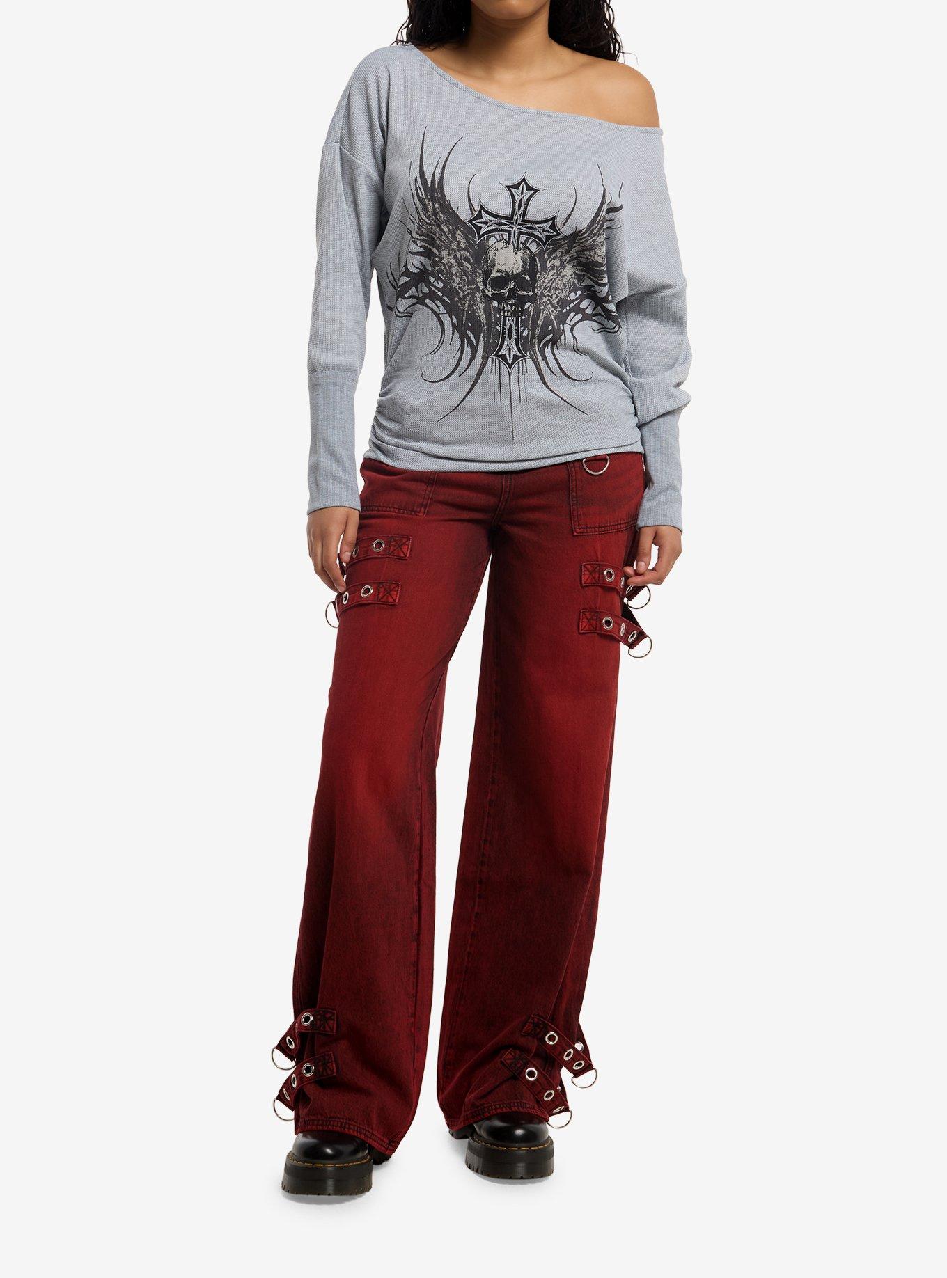 Social Collision Winged Skull Cross Girls Off-Shoulder Sweater, , hi-res