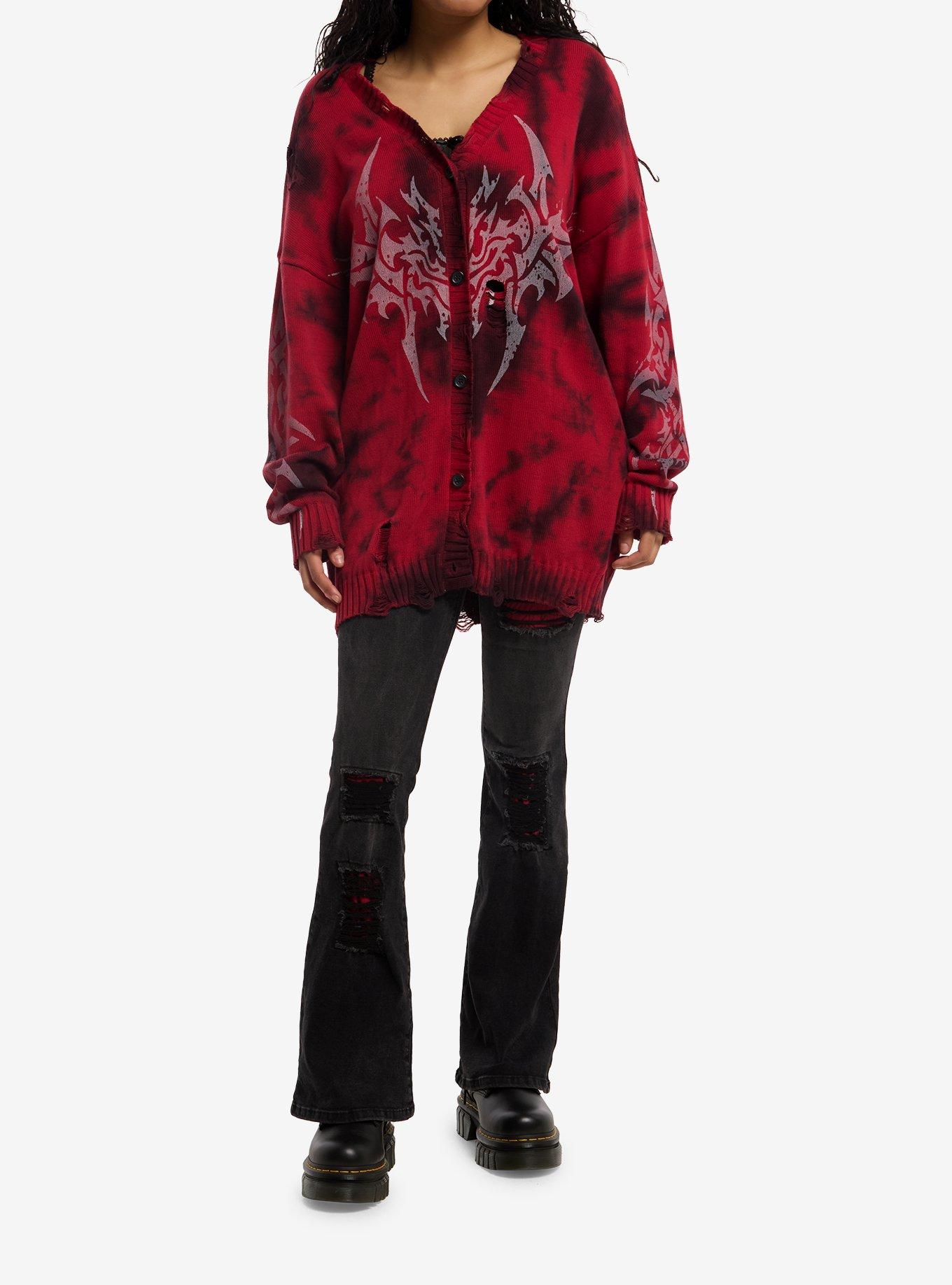 Social Collision Cyber Sigil Red Wash Girls Oversized Cardigan, , hi-res