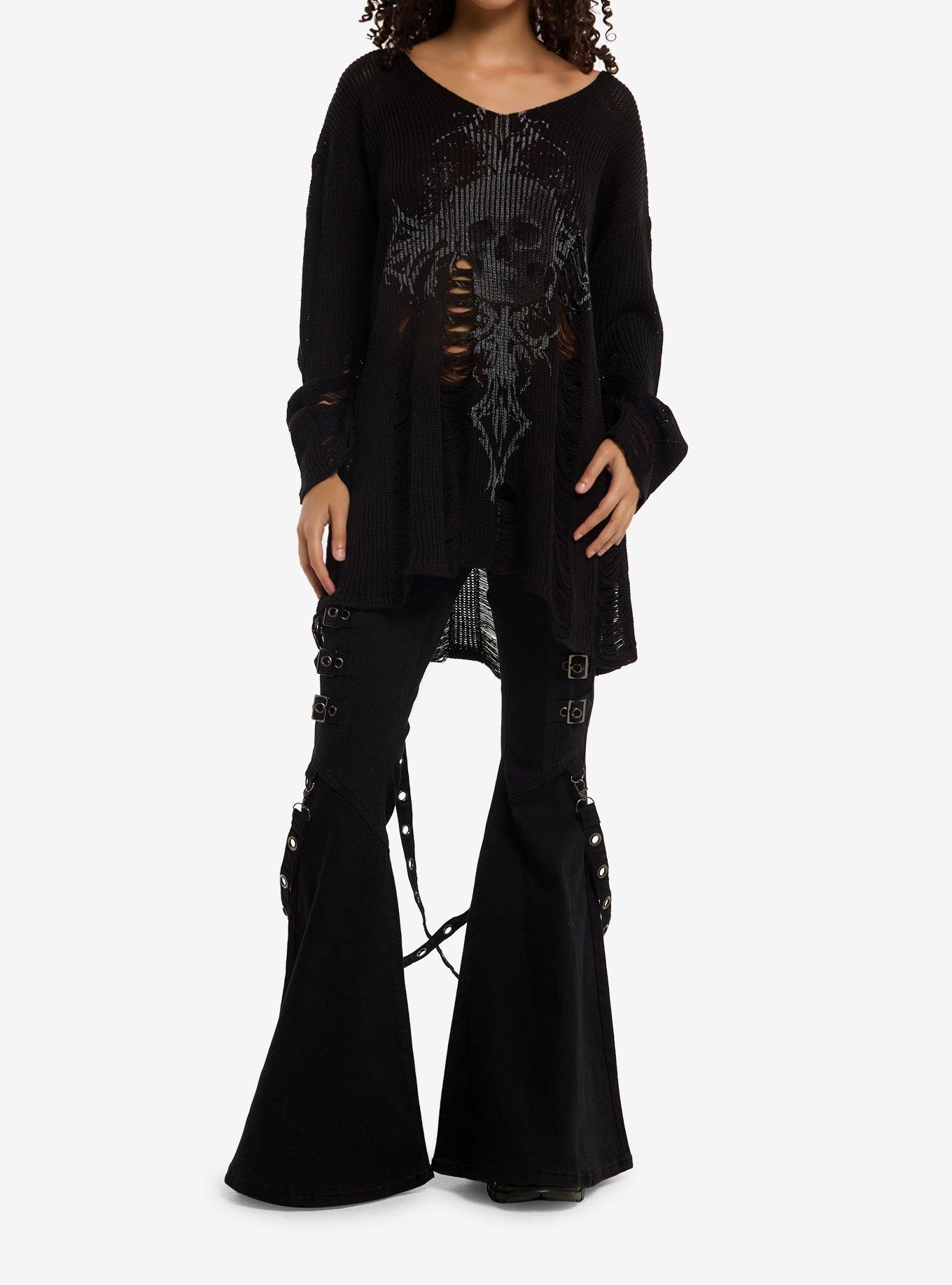 Social Collision Skull Cross Distressed Hi-Low Girls Sweater, , hi-res