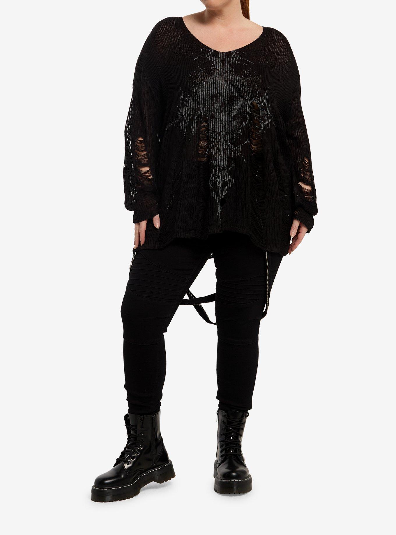 Social Collision Skull Cross Distressed Hi-Low Girls Sweater Plus Size, , hi-res
