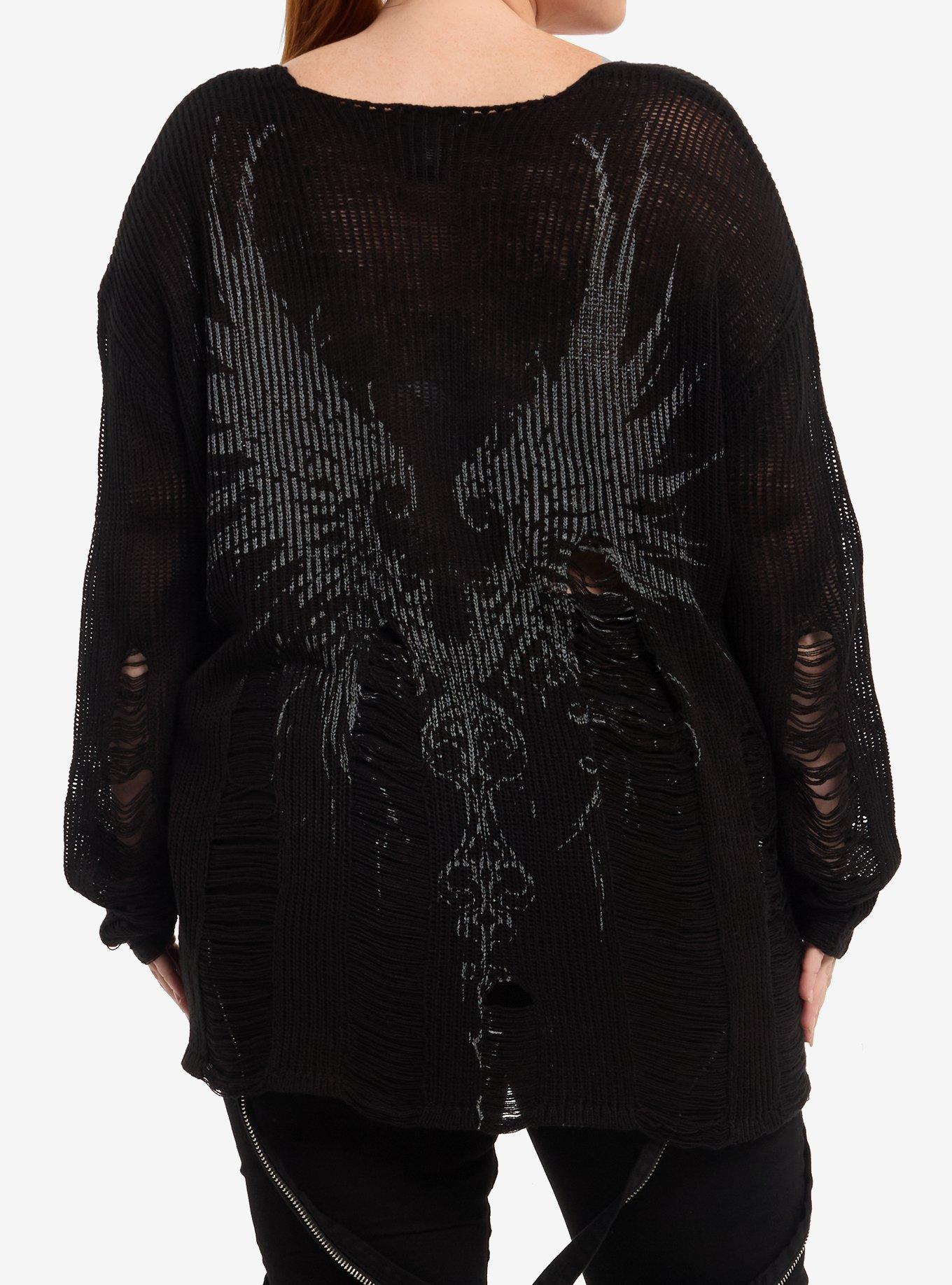 Social Collision Skull Cross Distressed Hi-Low Girls Sweater Plus Size, MULTI, alternate - view 3
