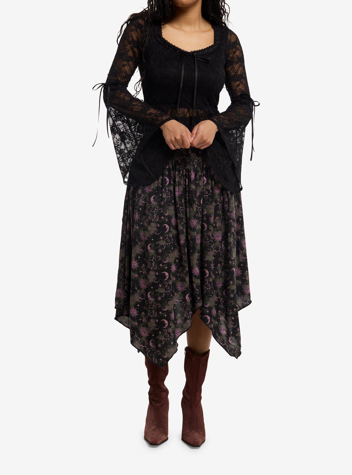 Thorn & Fable Black Lace Peplum Bell-Sleeve Girls Long-Sleeve Top, , hi-res