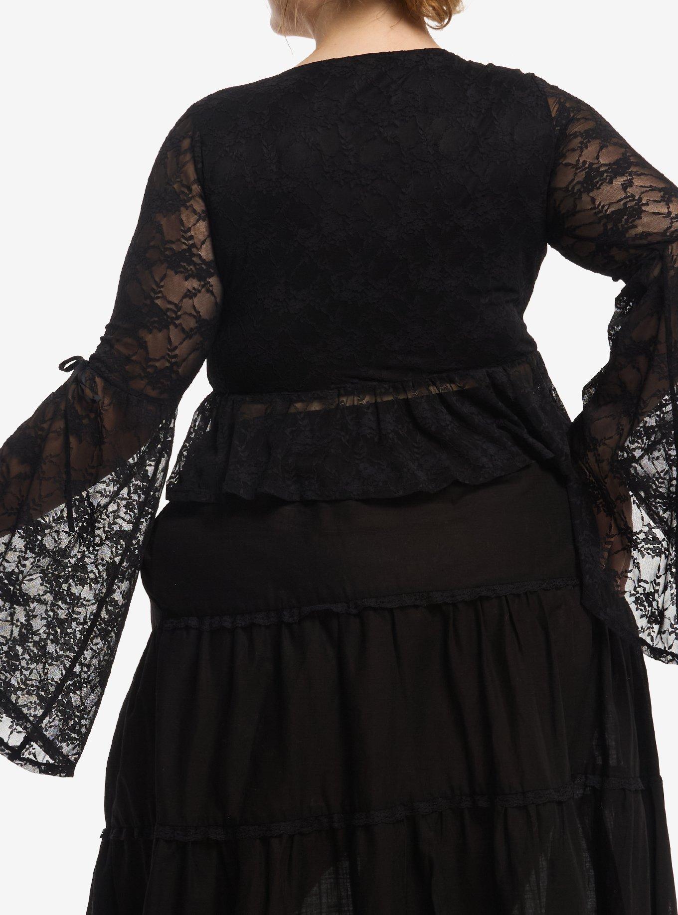 Thorn & Fable Black Lace Peplum Bell-Sleeve Girls Long-Sleeve Top Plus Size, , hi-res