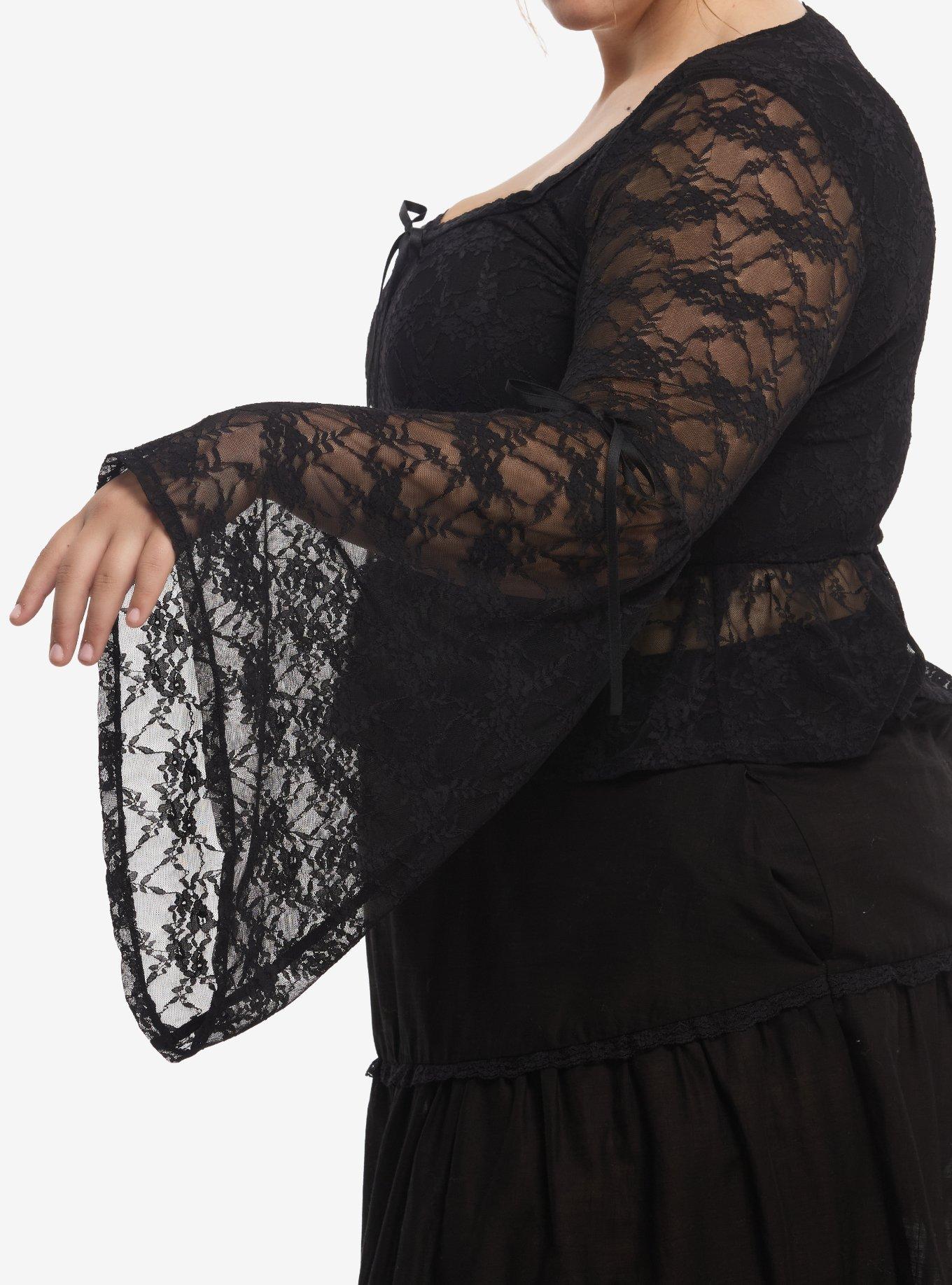 Thorn & Fable Black Lace Peplum Bell-Sleeve Girls Long-Sleeve Top Plus Size, MULTI, alternate - view 3
