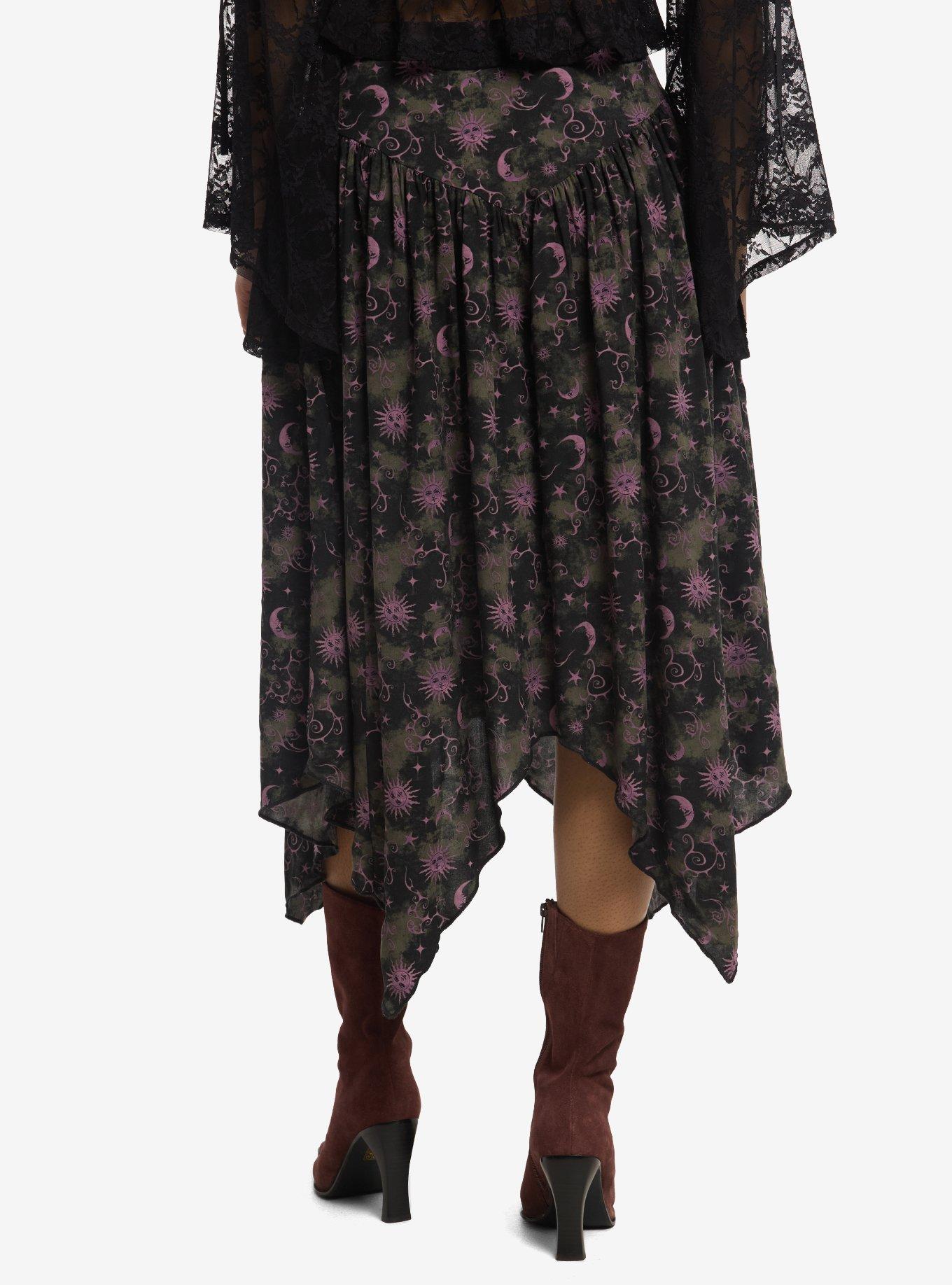 Thorn & Fable Green & Purple Celestial Hanky Hem Midi Skirt, , hi-res
