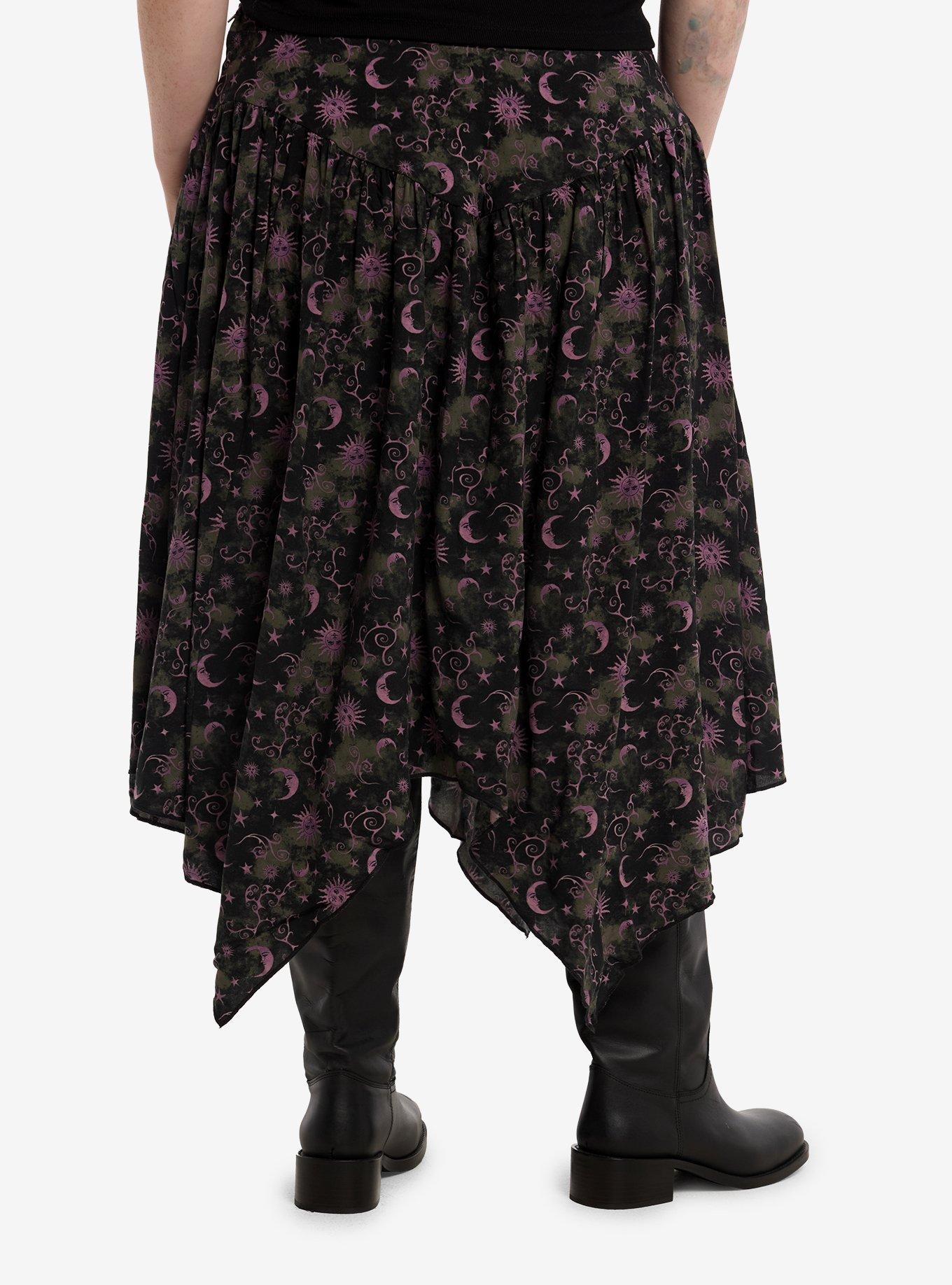 Thorn & Fable Green & Purple Celestial Hanky Hem Midi Skirt Plus Size, , hi-res