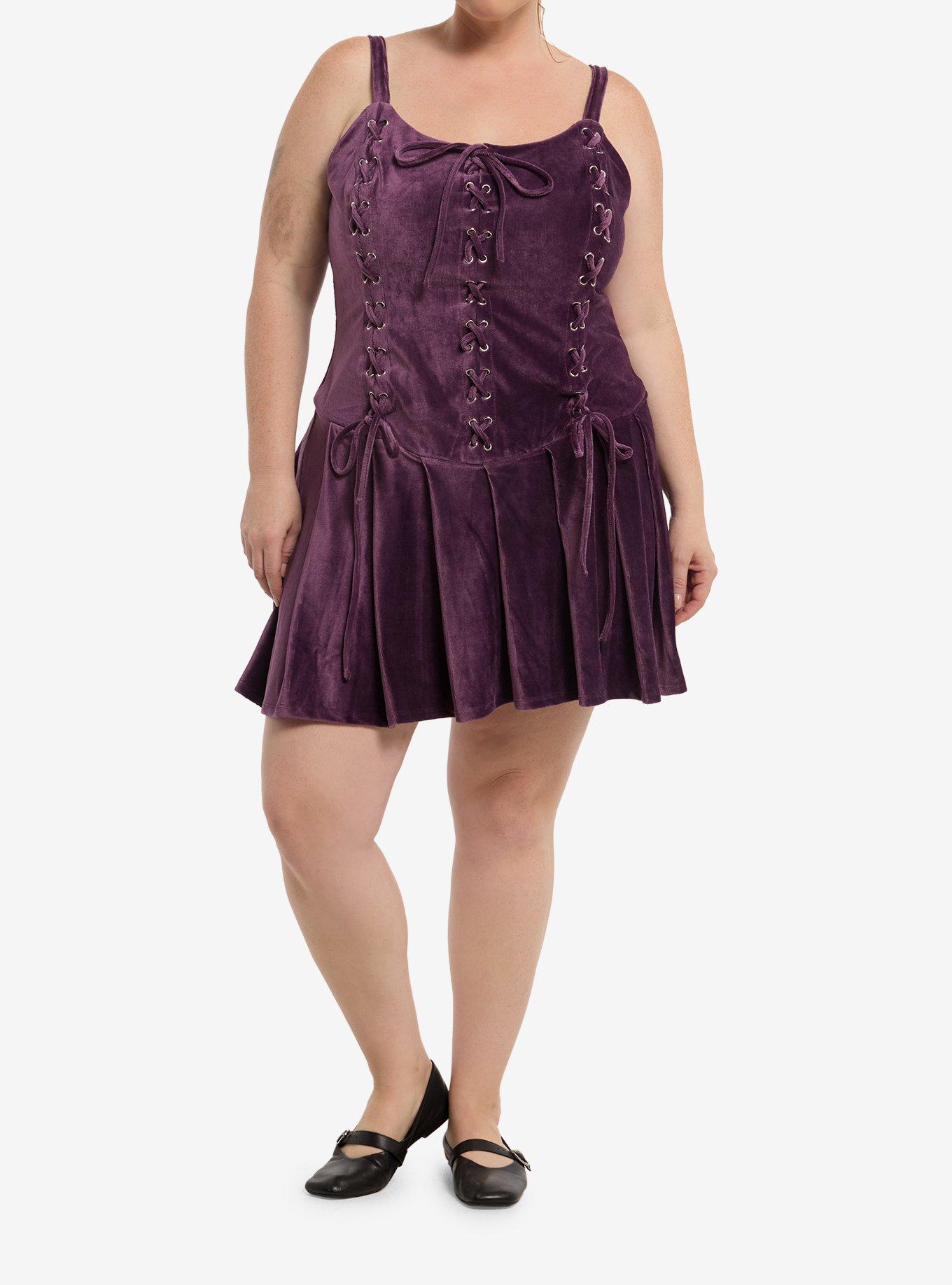 Thorn & Fable Purple Corduroy Lace-Up Cami Dress Plus Size, , hi-res