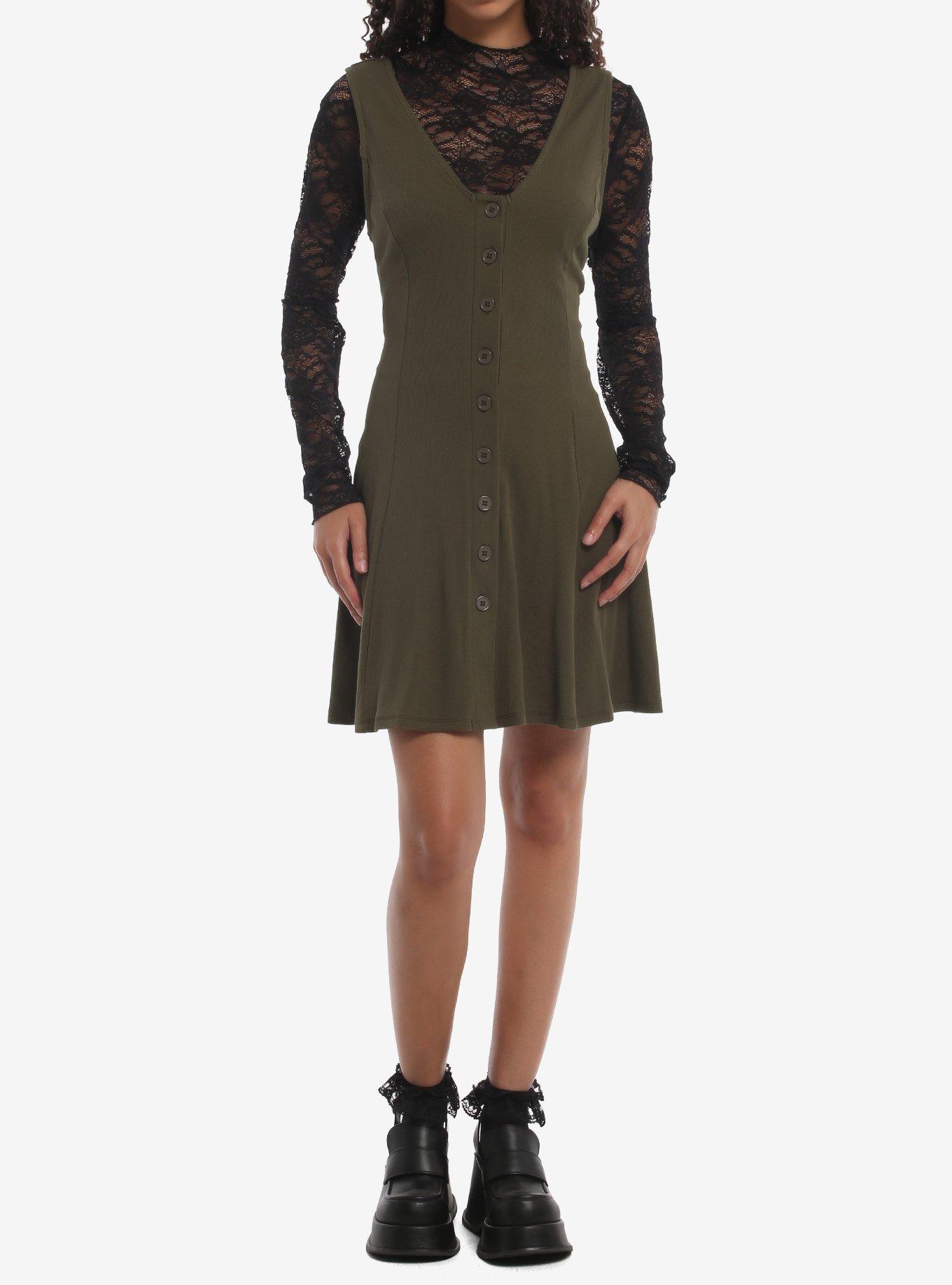 Thorn & Fable Olive Green Black Lace Twofer Dress, , hi-res