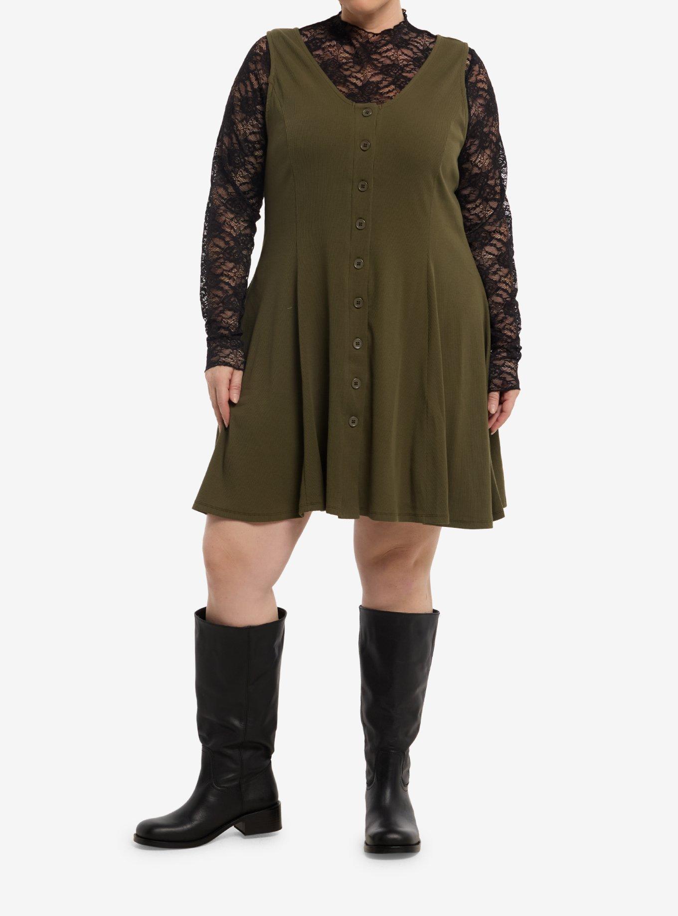 Thorn & Fable Olive Green Black Lace Twofer Dress Plus Size, , hi-res