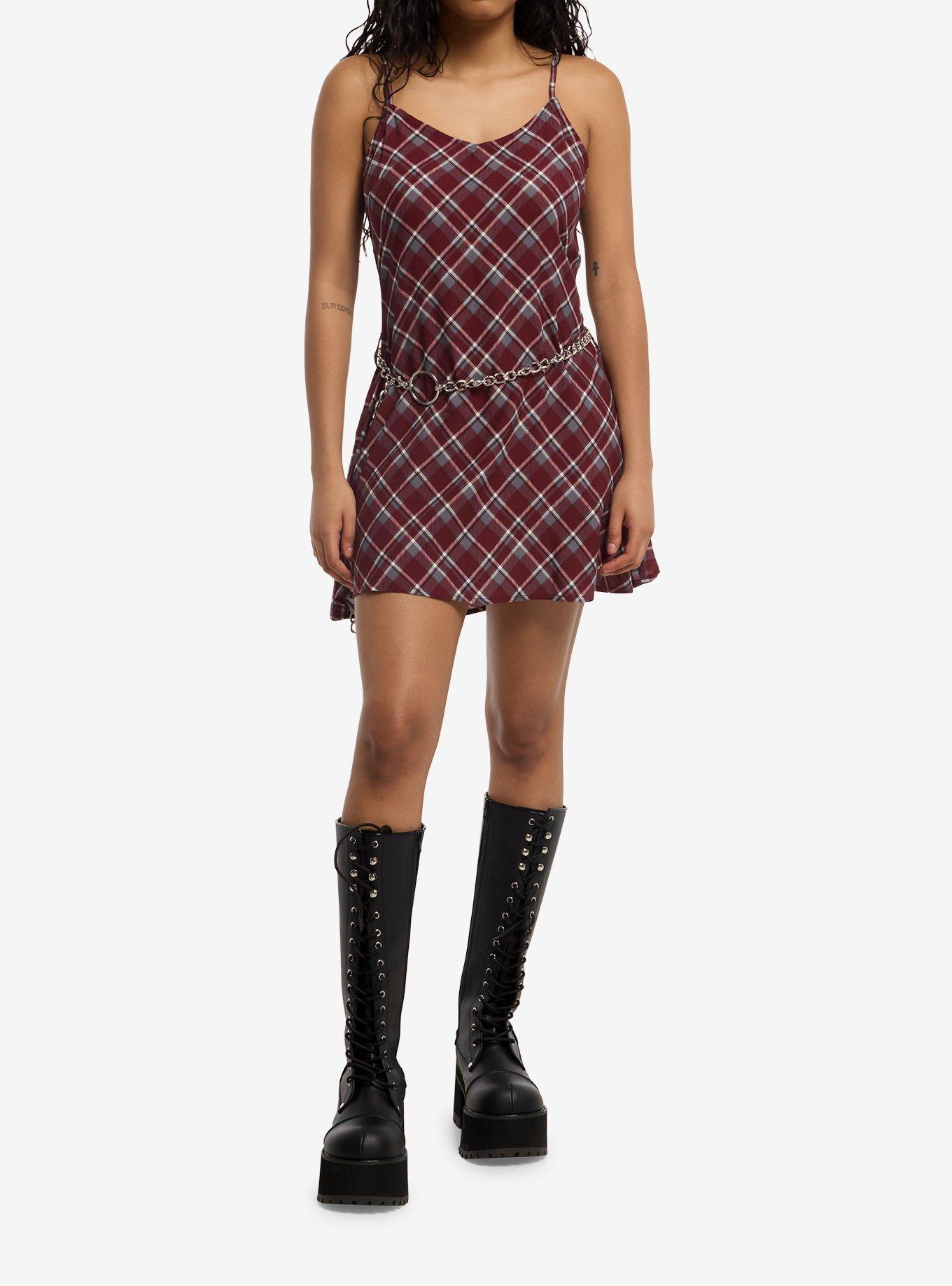 Social Collision Burgundy Plaid Cami Dress With Belt, , hi-res